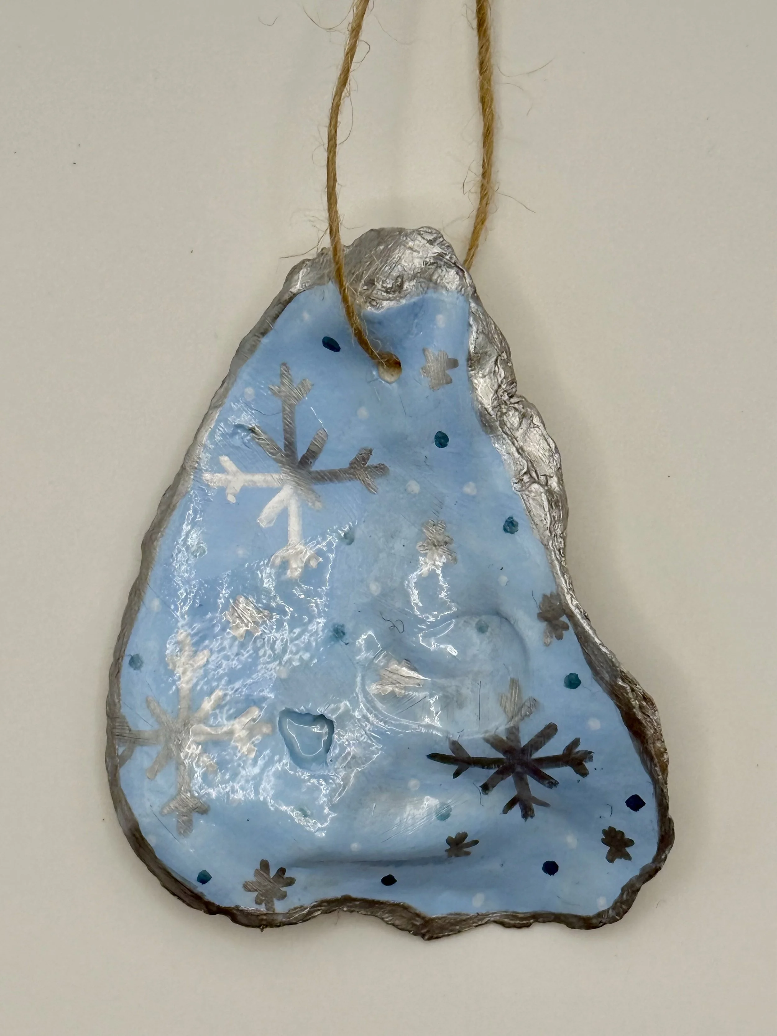 SILVER SNOWFLAKES #1 / Hand-Painted Oyster Shell Ornament / $12 / Coming Soon to Milton Artists' Guild in Milton, VT