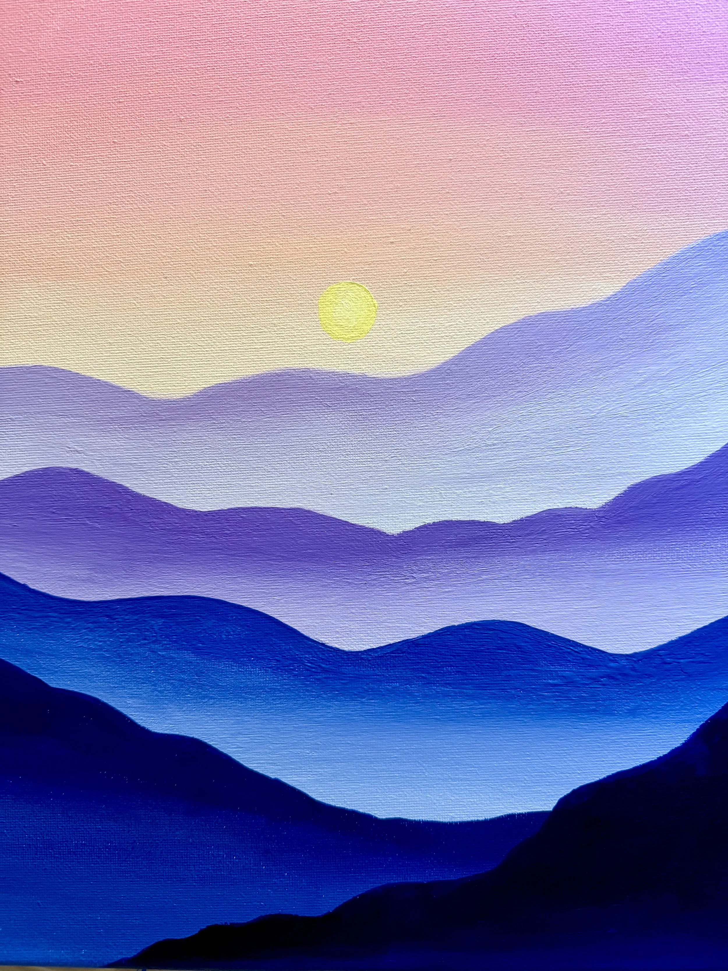 Painting of a sunset over blue mountains with a yellow sun in the sky for a paint-and-sip class hosted by CVU Access.