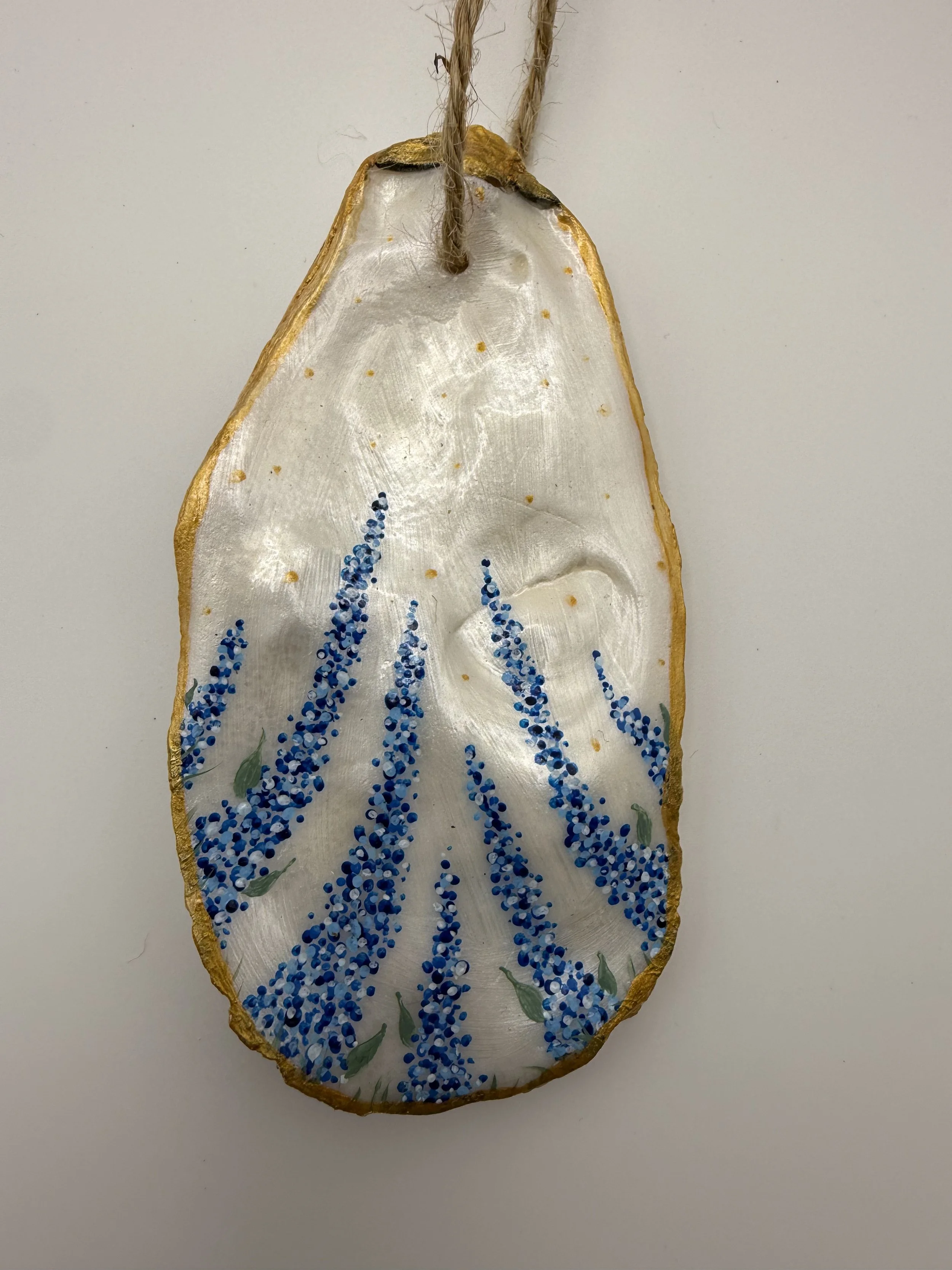 BLUE LUPINES ON PEARL #1 / Hand-Painted Oyster Shell Ornament / $12 / Available at Milton Artists' Guild in Milton, VT