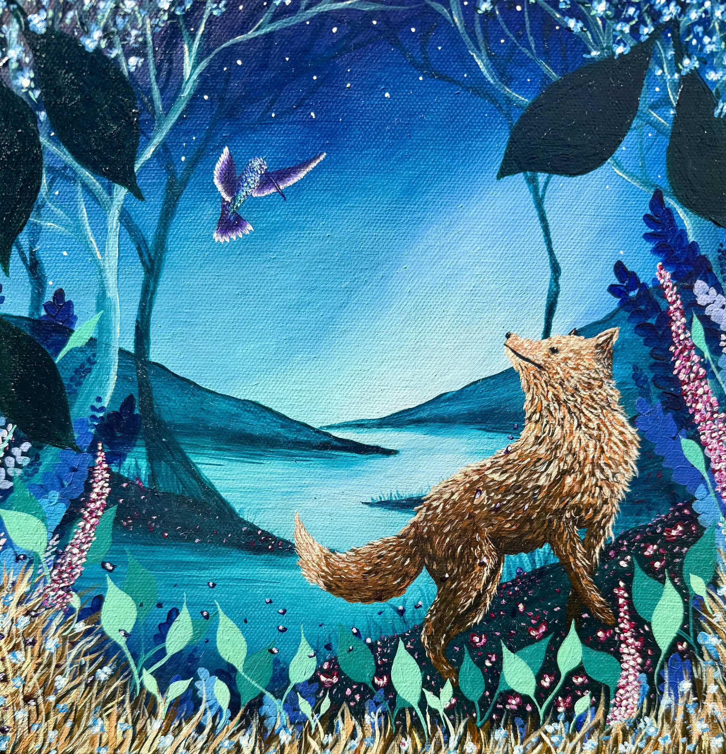 FOX AND HUMMINGBIRD FRIENDS / Acrylic on Canvas / 10x10" / $225 / Coming Soon to Milton Artists' Guild