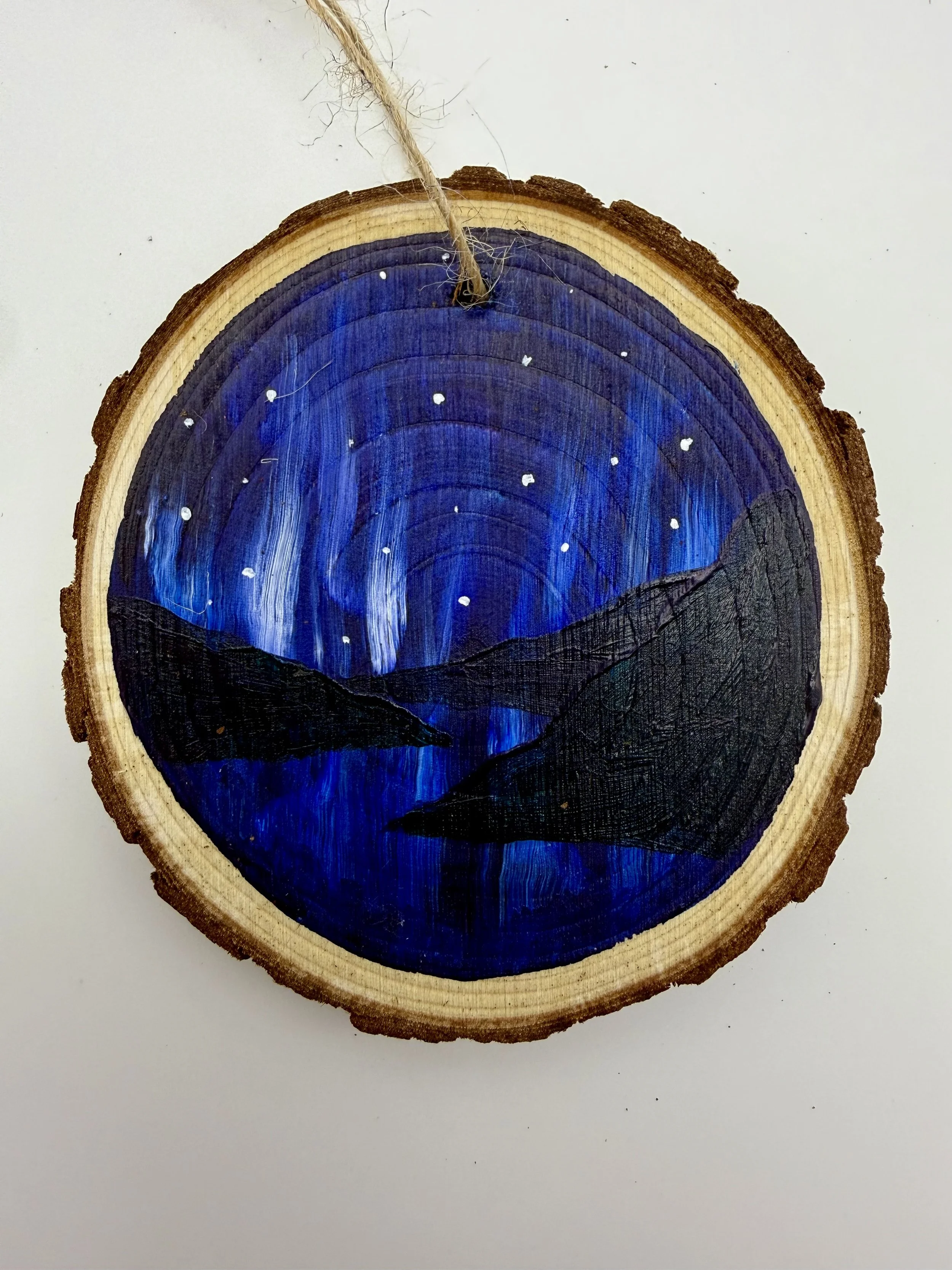 BLUE NORTHERN LIGHTS #1 / Hand-Painted Acrylic Wood Holiday Ornament / 3x3" / $12 / Available at Milton Artists' Guild in Milton, VT