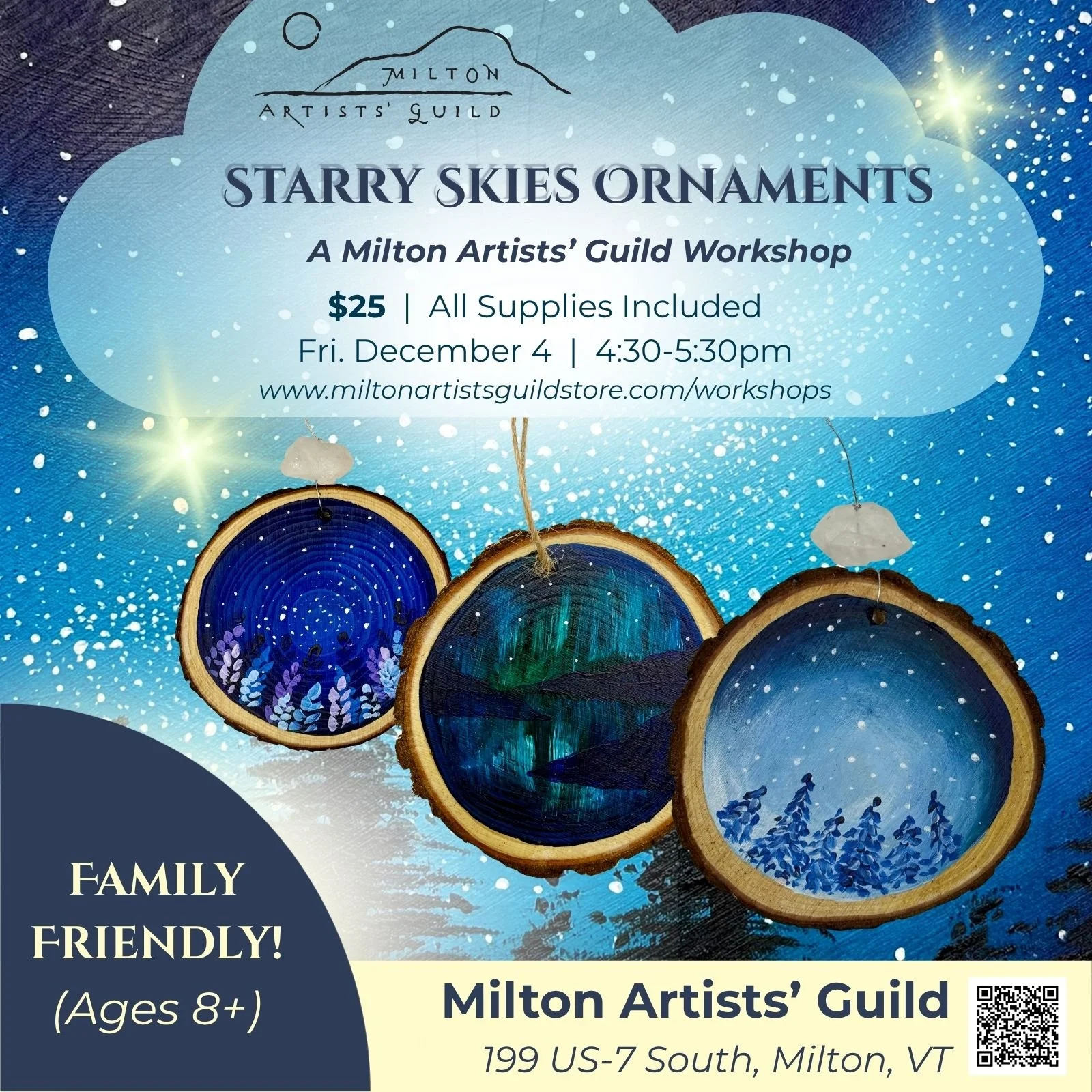 A promotional flyer for a holiday arts and crafts workshop titled 'Starry Skies Ornaments' hosted by the Milton Artists' Guild. Features three wooden ornaments with painted night sky scenes hanging against a snowy, starry background with a mountain silhouette and moon. The flyer includes event details: date, time, cost, age suitability, website, and location.