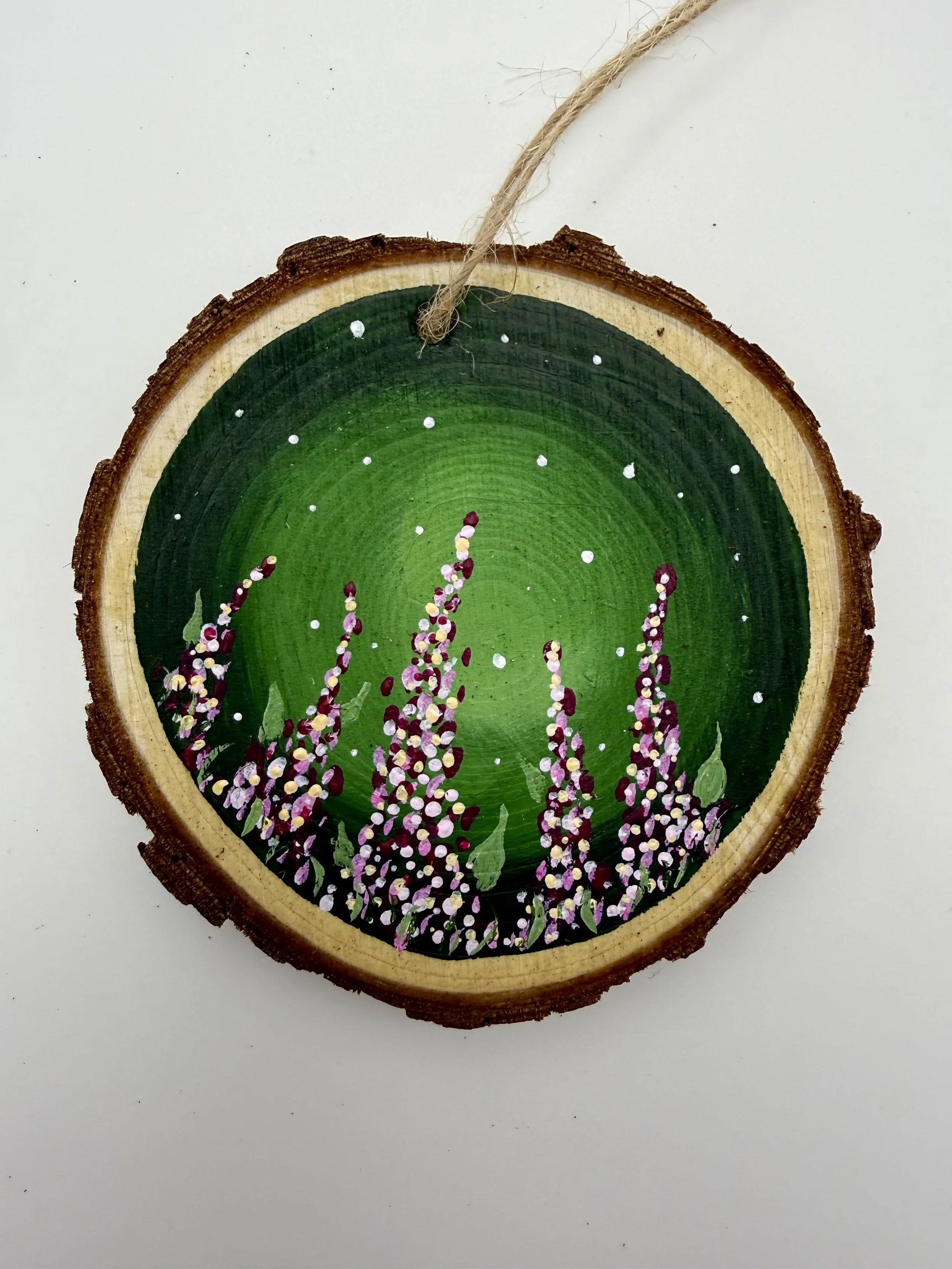 PINK VERONICA FLOWERS #1 / Hand-Painted Acrylic Wood Holiday Ornament / 3x3" / $12 / Available at Milton Artists' Guild in Milton, VT