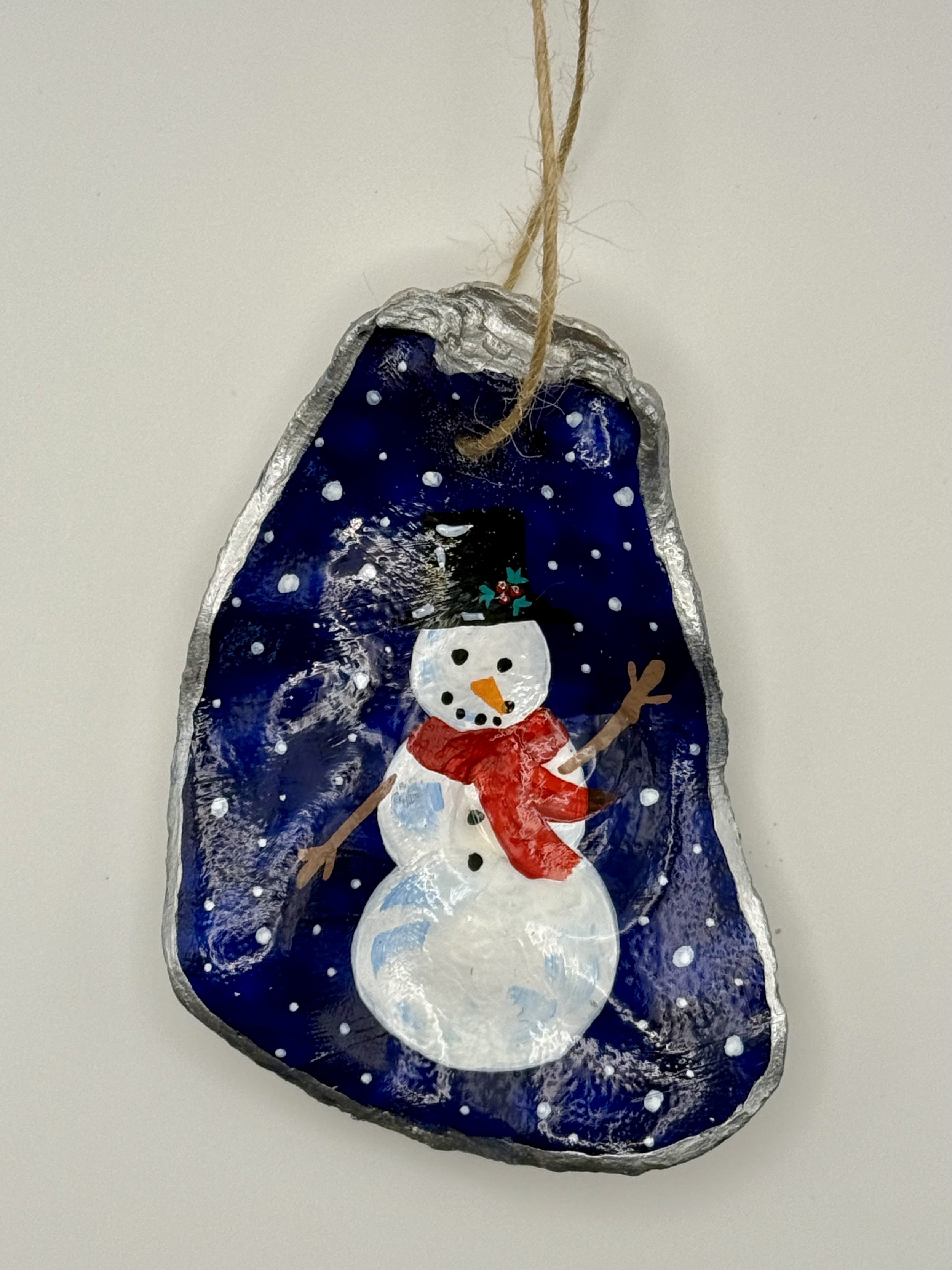 SNOWMAN #1 / Hand-Painted Oyster Shell Ornament / SOLD / Shell Ornament Commissions: $12