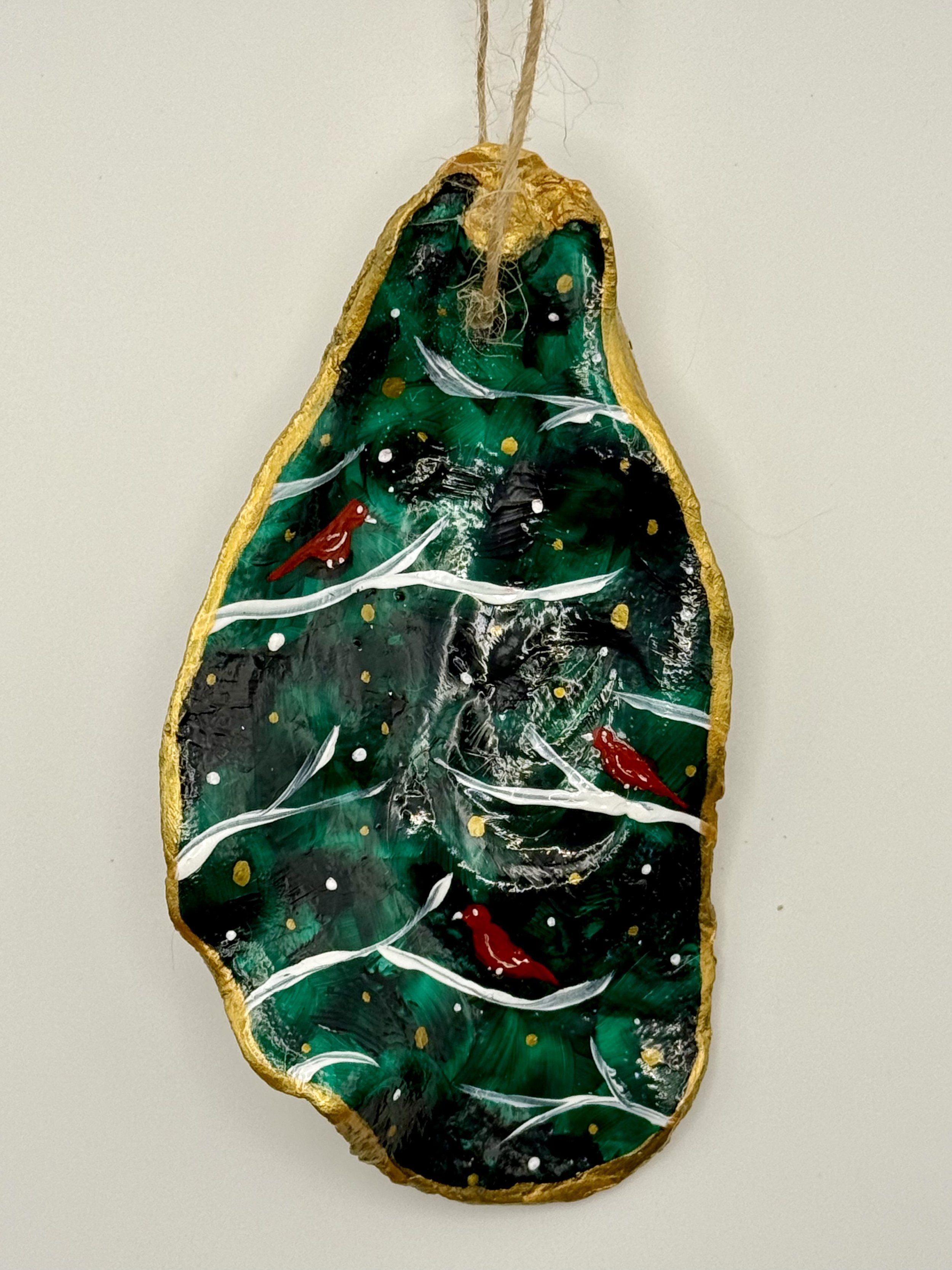 CARDINALS IN THE FOREST #1 / Hand-Painted Oyster Shell Ornament / SOLD / Shell Ornament Commissions: $12