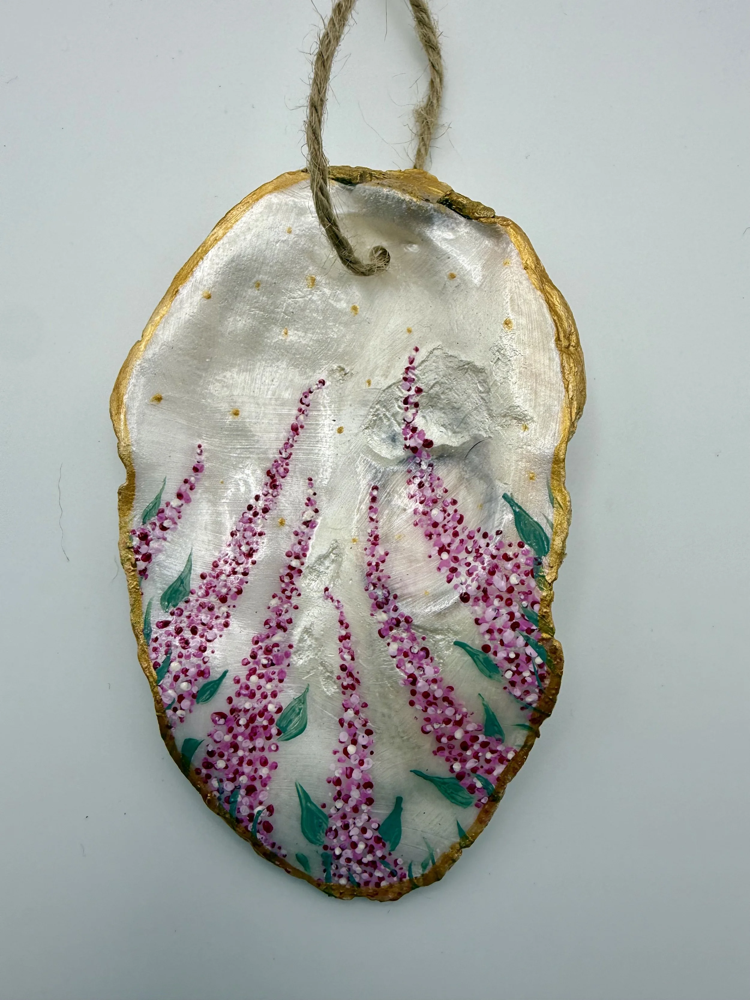 PINK LUPINES ON PEARL #1 / Hand-Painted Oyster Shell Ornament / $12 / Available at Milton Artists' Guild in Milton, VT