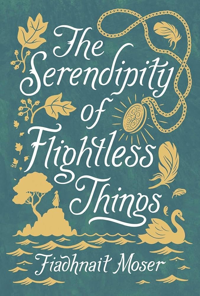 A book cover for 'The Serendipity of Flightless Things' by Fiadhnait Moser, featuring illustrations of leaves, a pocket watch, a feather, a swan, a tree with a person underneath it, and waves in gold on a teal background for a publishing class.