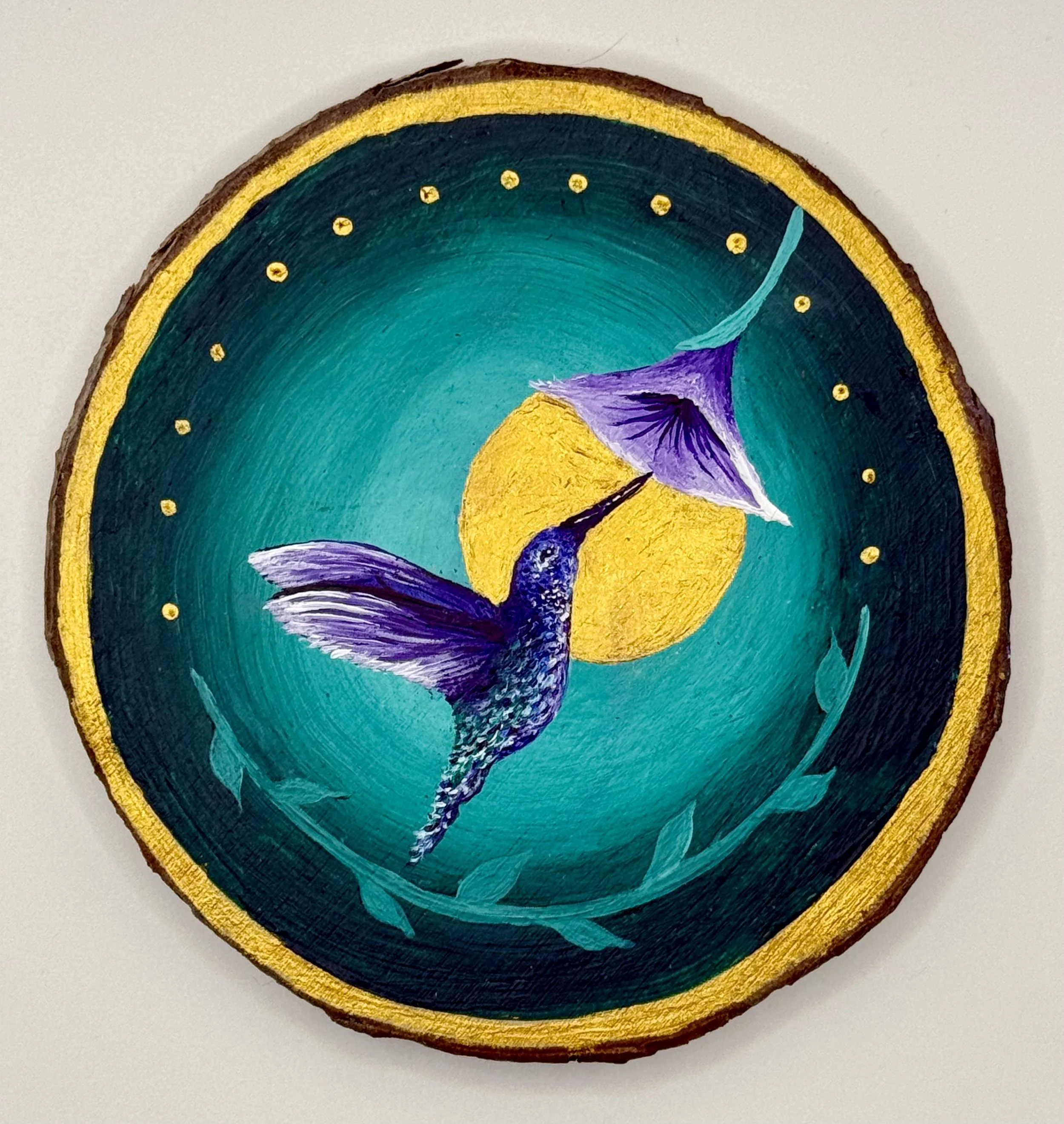 Rustic Whimsical Acrylic Folk Art Painting on Wood by Fiadhnait Moser: Purple-Chested Hummingbird