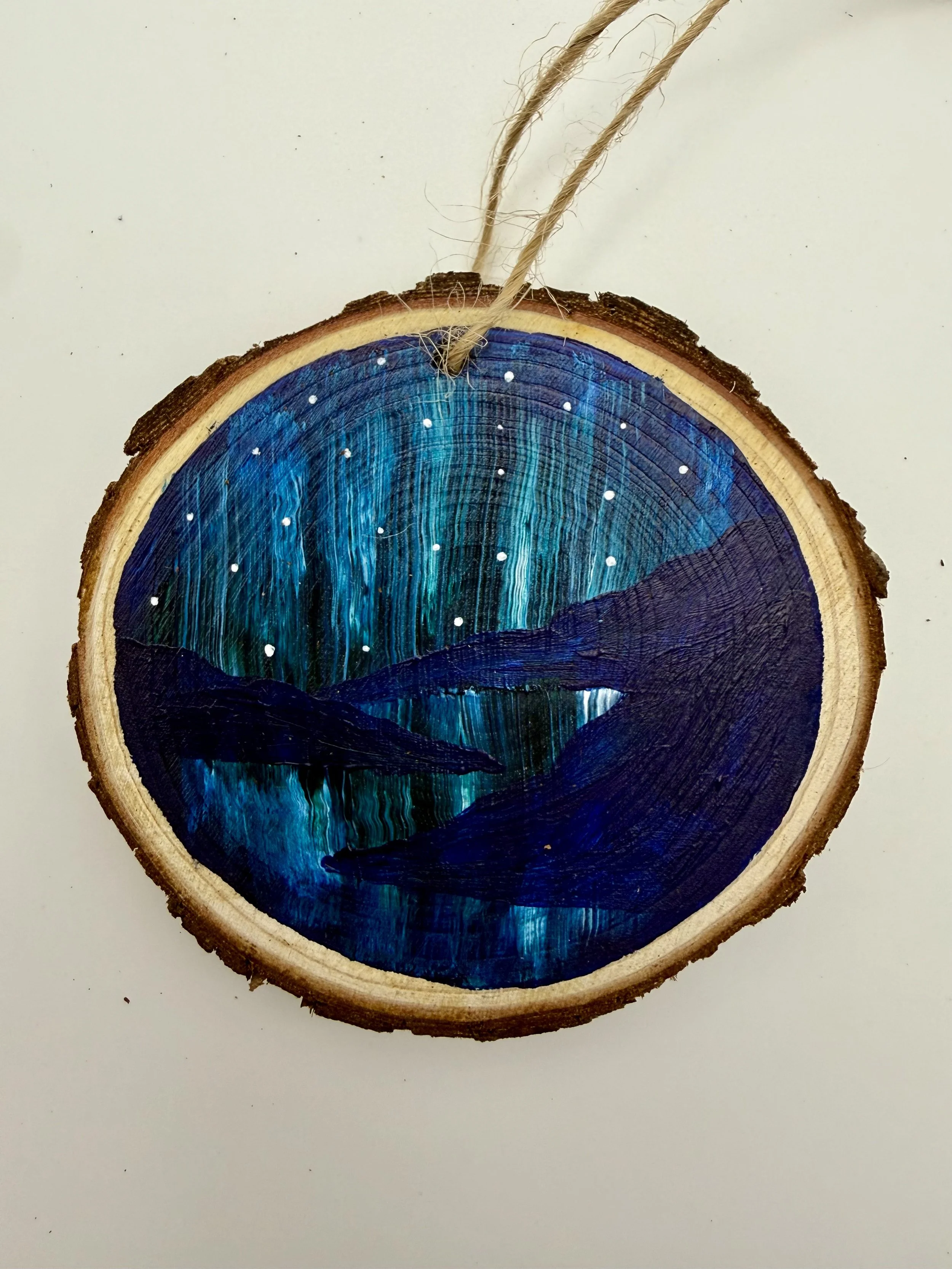 GREEN NORTHERN LIGHTS # 1 / Hand-Painted Acrylic Wood Holiday Ornament / 3x3" / $12 / Available at Milton Artists' Guild in Milton, VT