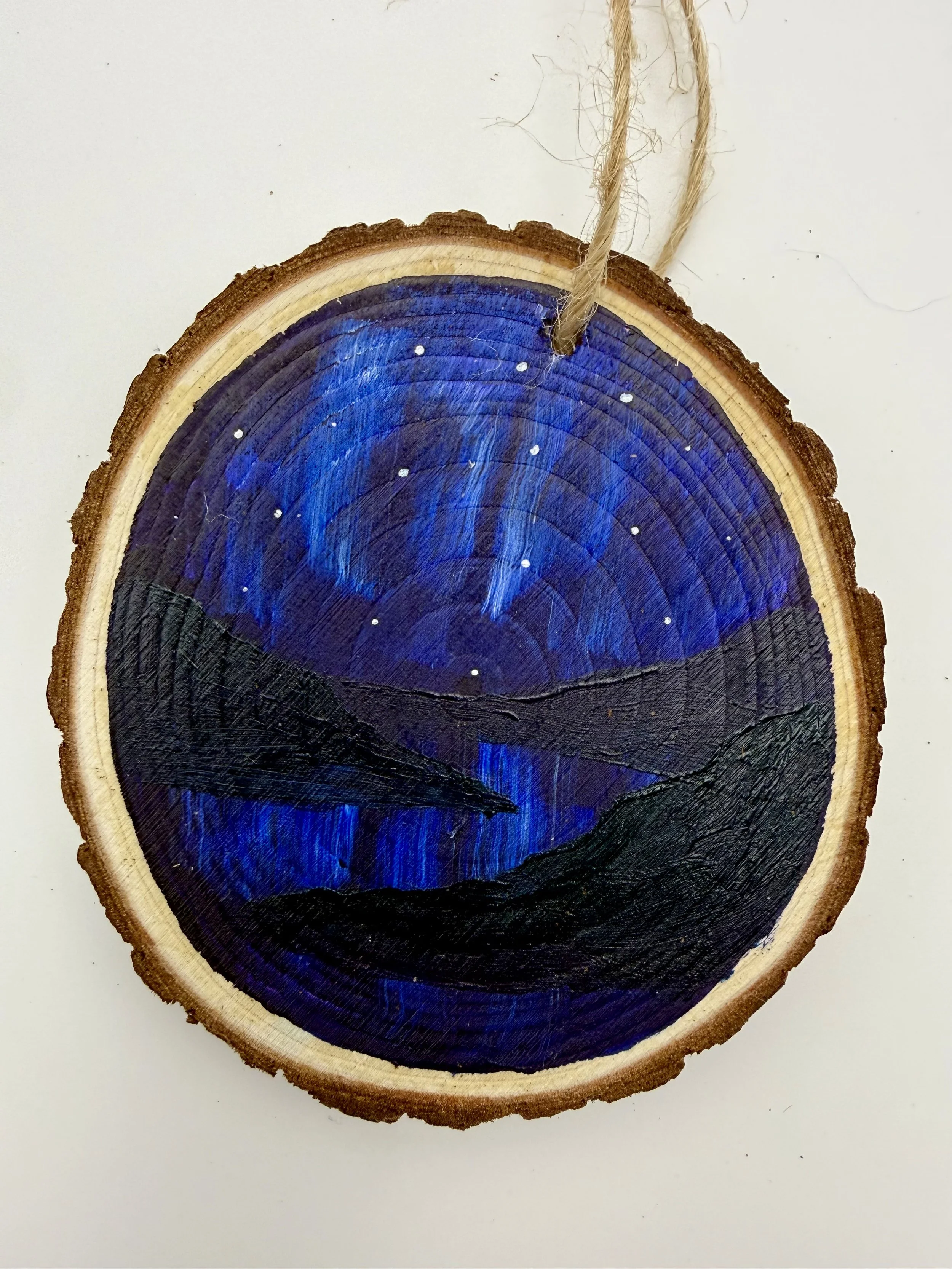 BLUE NORTHERN LIGHTS #2 / Hand-Painted Acrylic Wood Holiday Ornament / 3x3" / $12 / Available at Milton Artists' Guild in Milton, VT