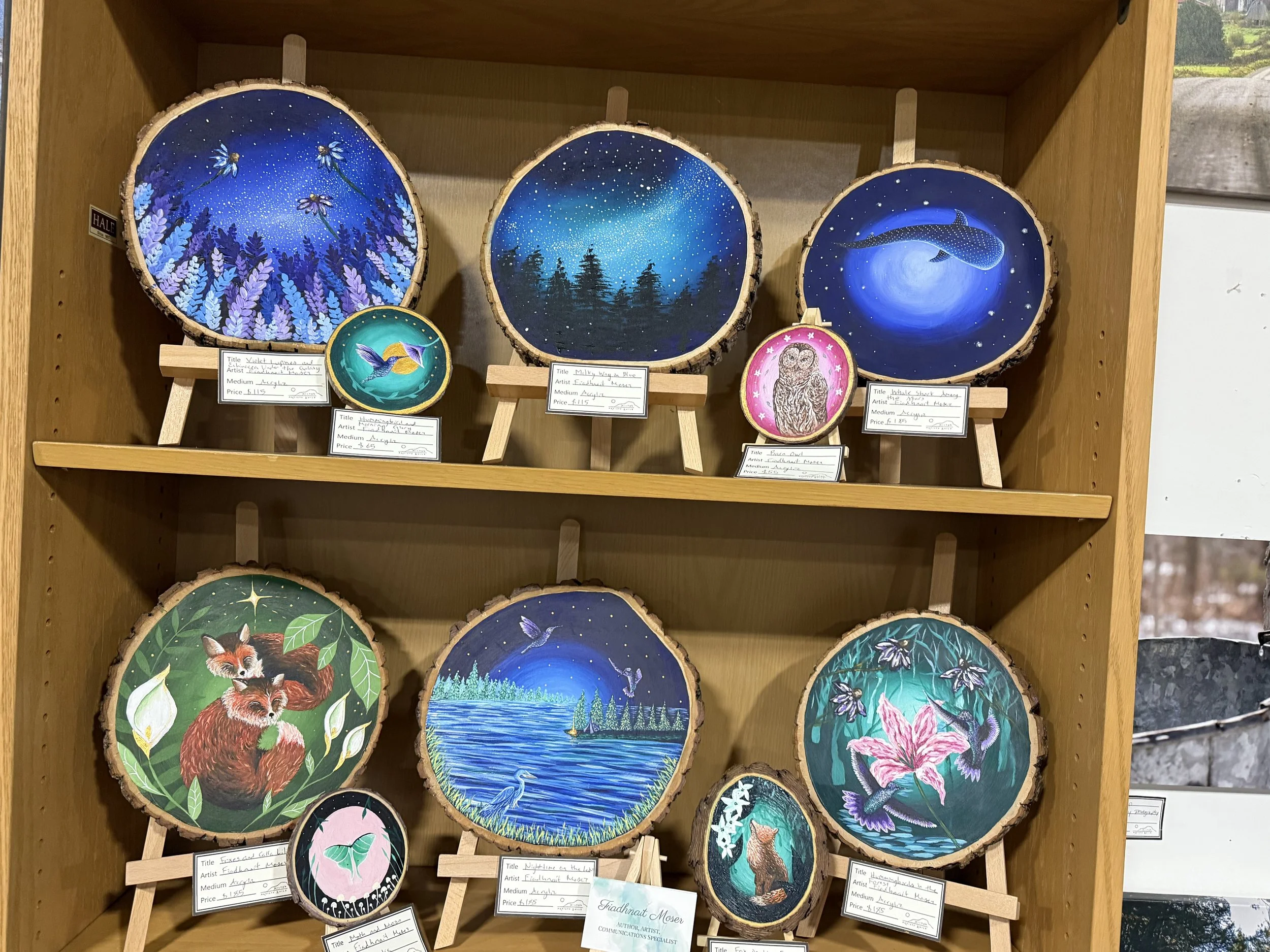 Wooden display shelf holding painted wooden slices featuring nature scenes and animals. Visible artworks include a night sky with stars, a fox, owls, a whale, and a lake with pine trees.