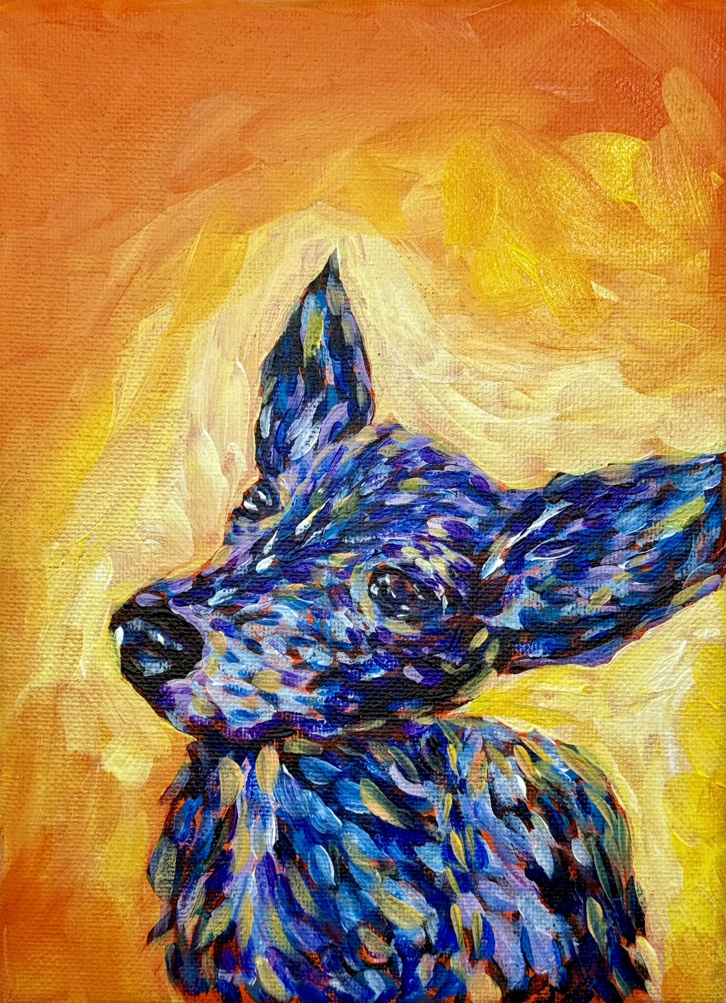 An abstract expressionist pet-portrait painting of a dog for a paint-and-sip class hosted by CVU Acces.