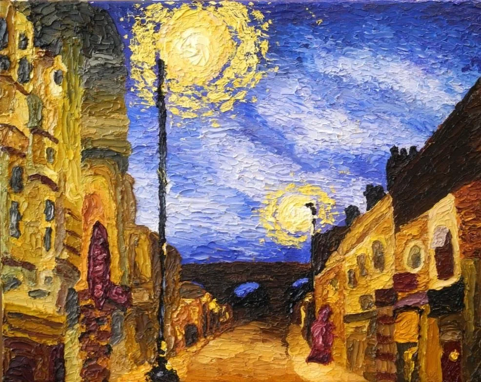 Impressionist painting of a city street at night with buildings, street lamps, and a starry sky.