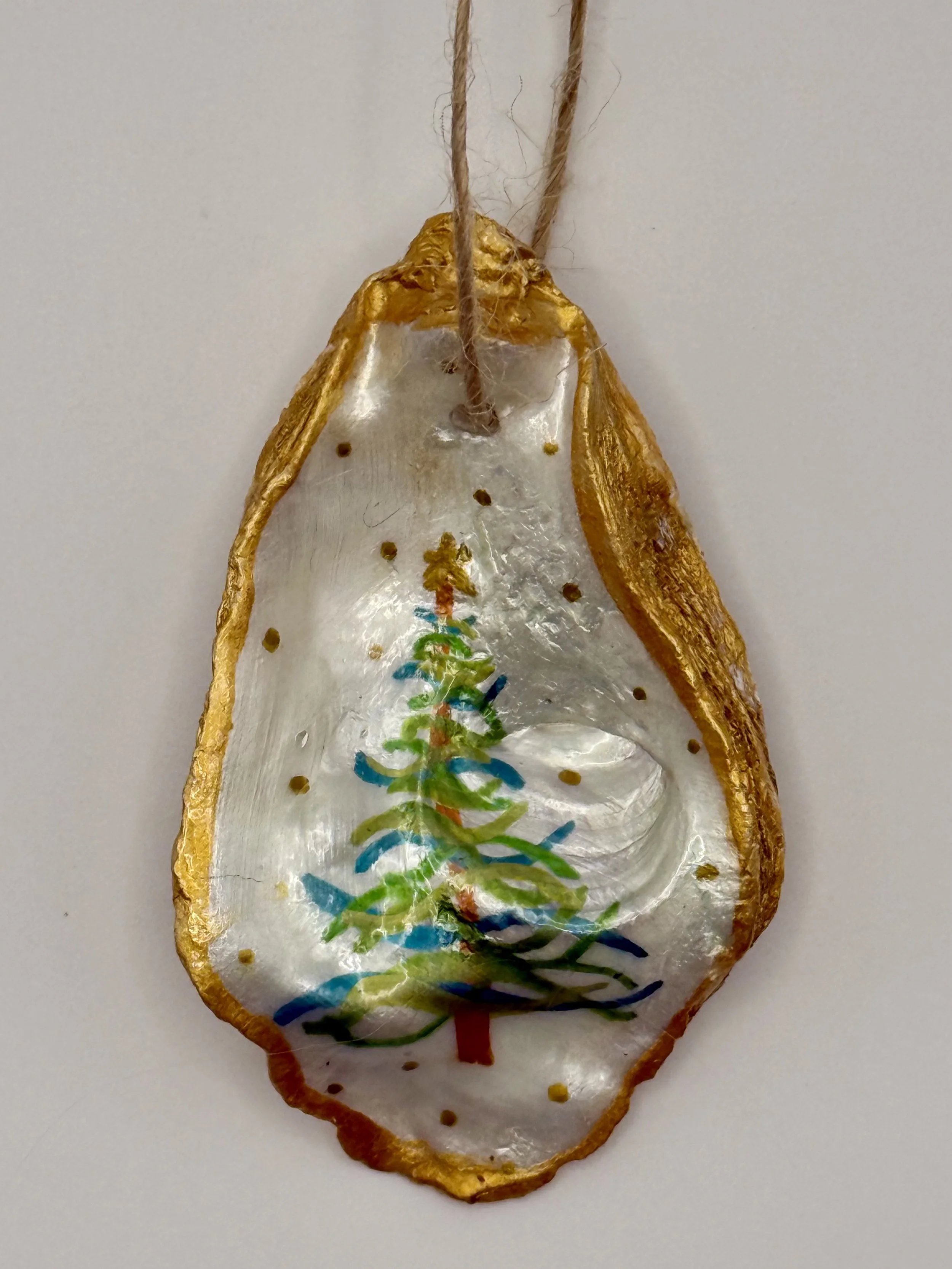 SWIRLY CHRISTMAS TREE #1 / Hand-Painted Oyster Shell Ornament / $12 / Coming Soon to Milton Artists' Guild in Milton, VT