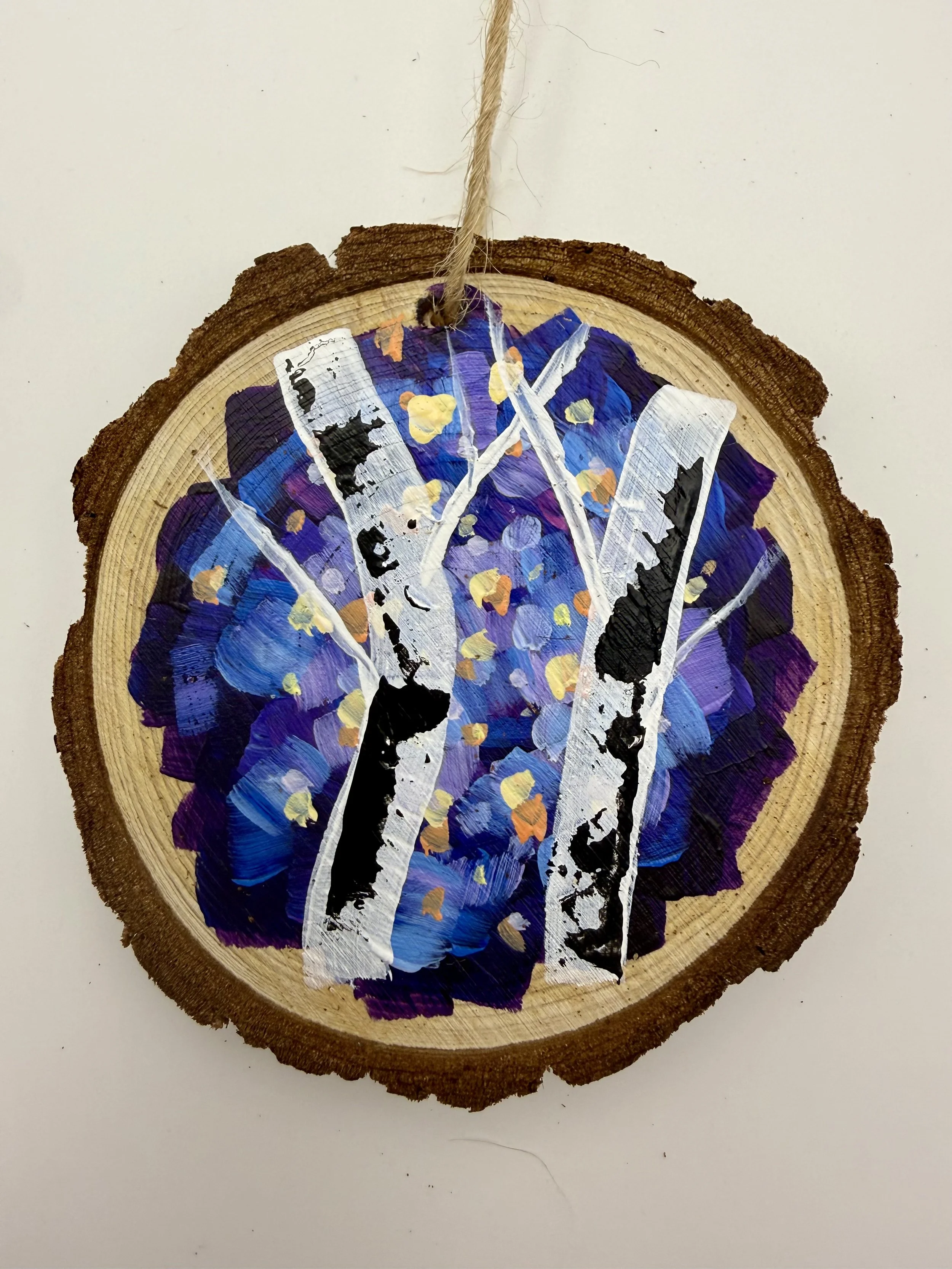 BLUE BIRCH TREES #2 / Hand-Painted Acrylic Wood Holiday Ornament / 3x3" / $12 / Available at Milton Artists' Guild in Milton, VT