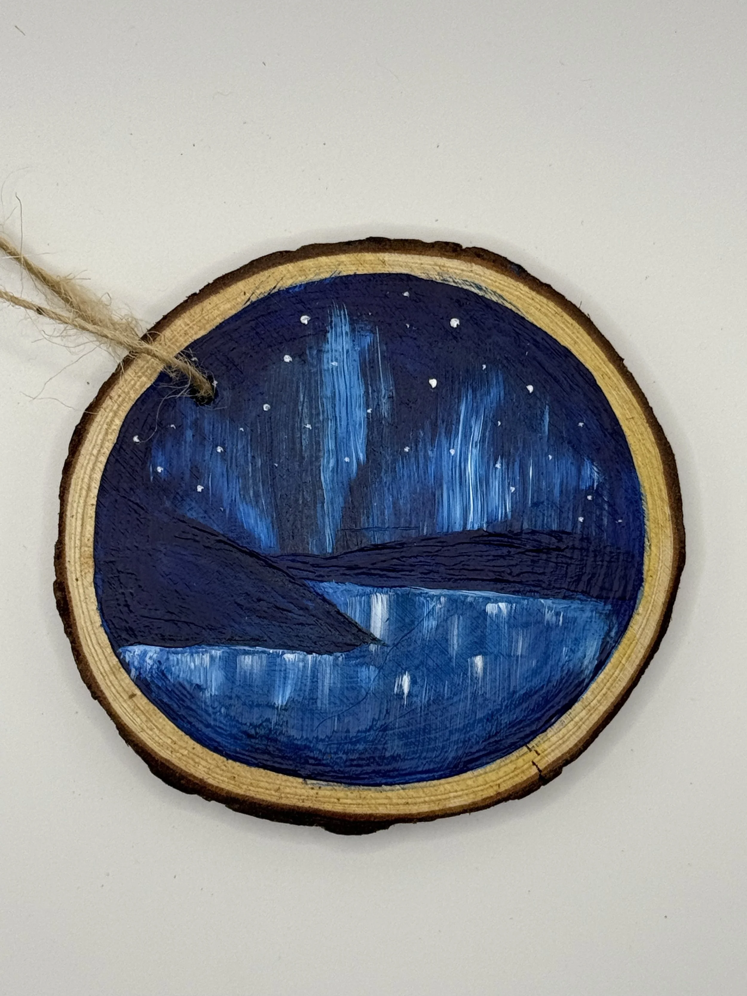 BLUE NORTHERN LIGHTS #3 / Hand-Painted Acrylic Wood Holiday Ornament / 3x3" / $12 / Available at Milton Artists' Guild in Milton, VT