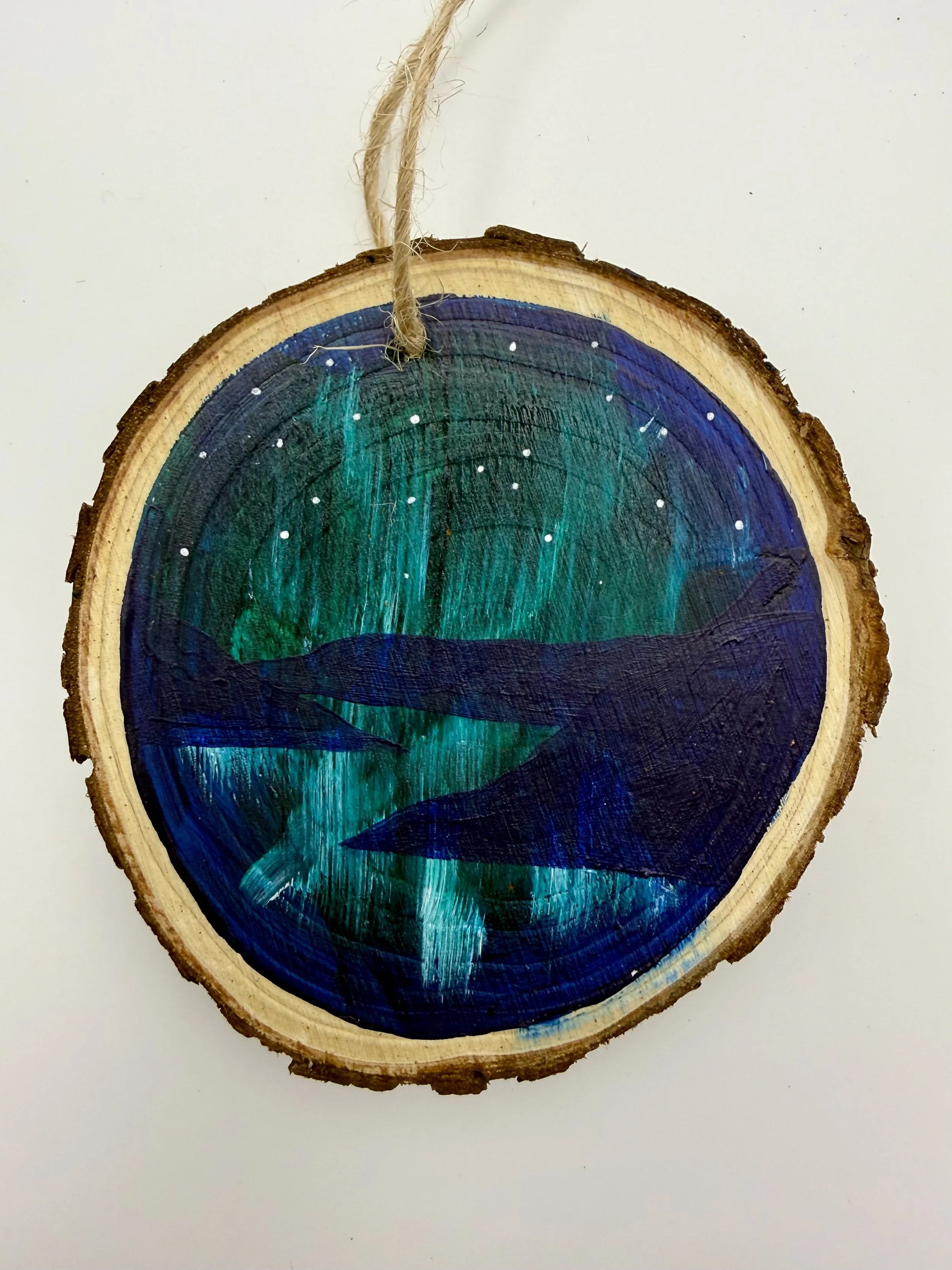 GREEN NORTHERN LIGHTS  #3/ Hand-Painted Acrylic Wood Holiday Ornament / 3x3" / $12 / Available at Milton Artists' Guild in Milton, VT