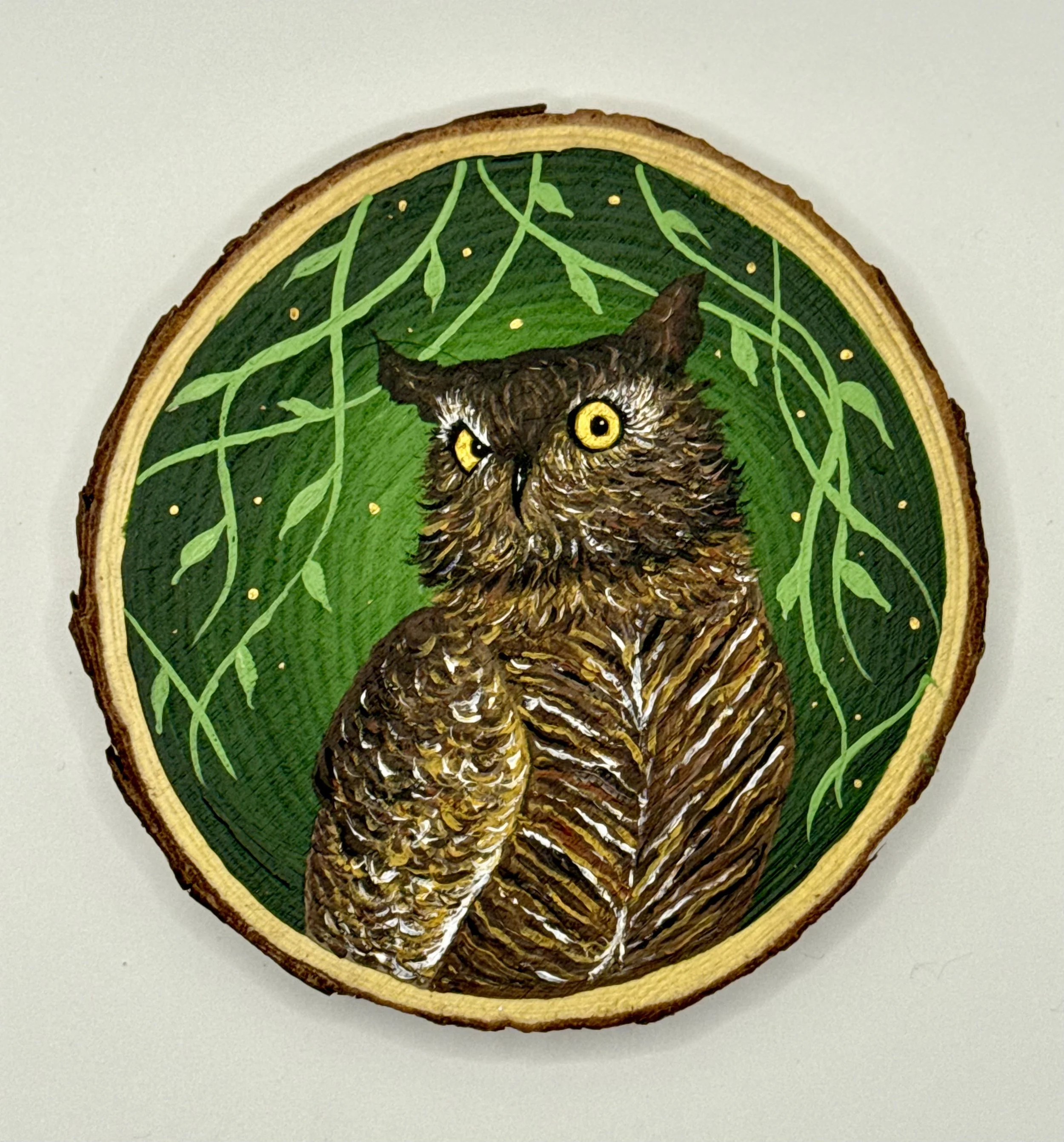Rustic Whimsical Acrylic Folk Art Painting on Wood by Fiadhnait Moser: Horned Owl