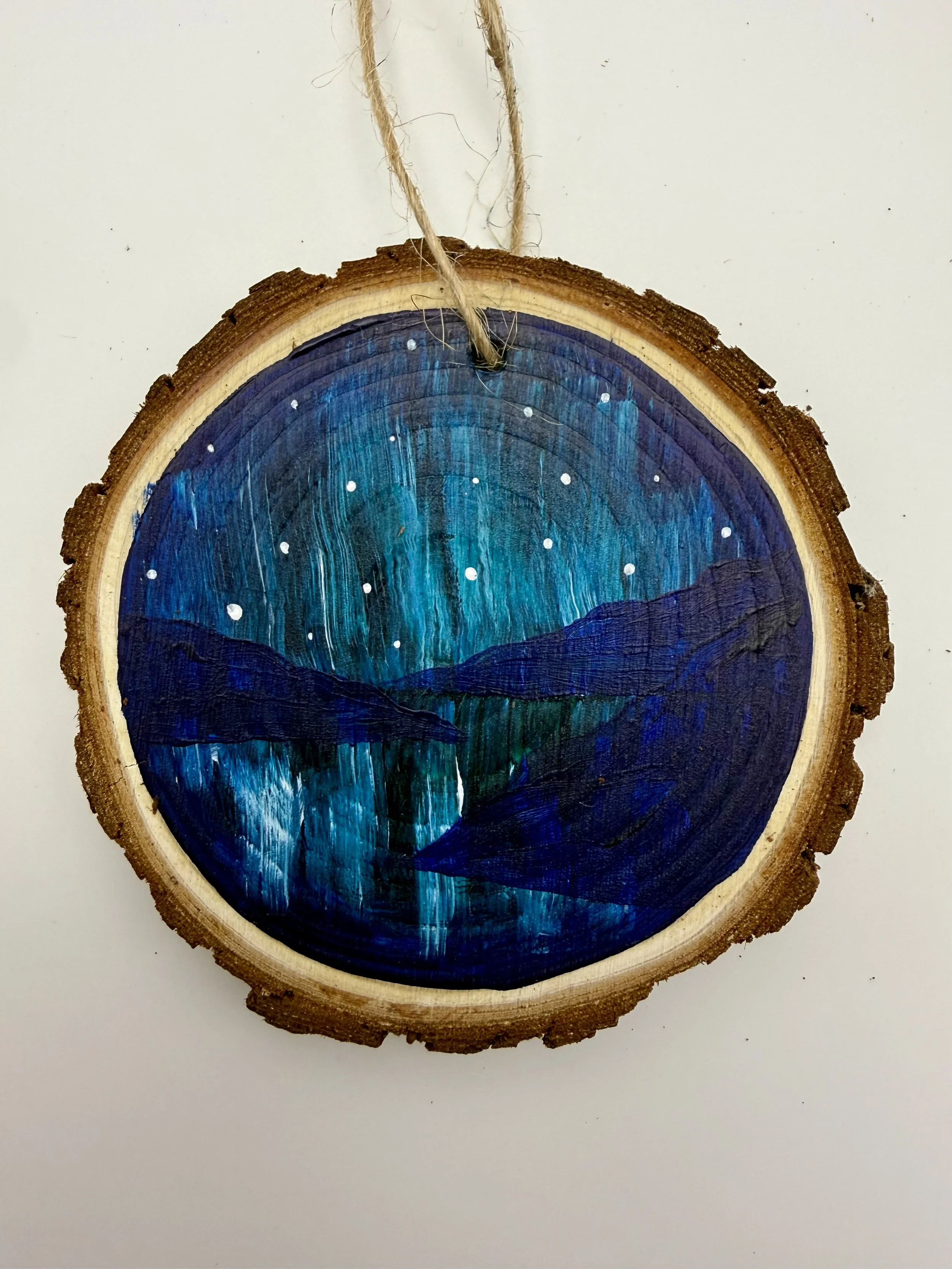 GREEN NORTHERN LIGHTS # 2 / Hand-Painted Acrylic Wood Holiday Ornament / 3x3" / $12 / Available at Milton Artists' Guild in Milton, VT