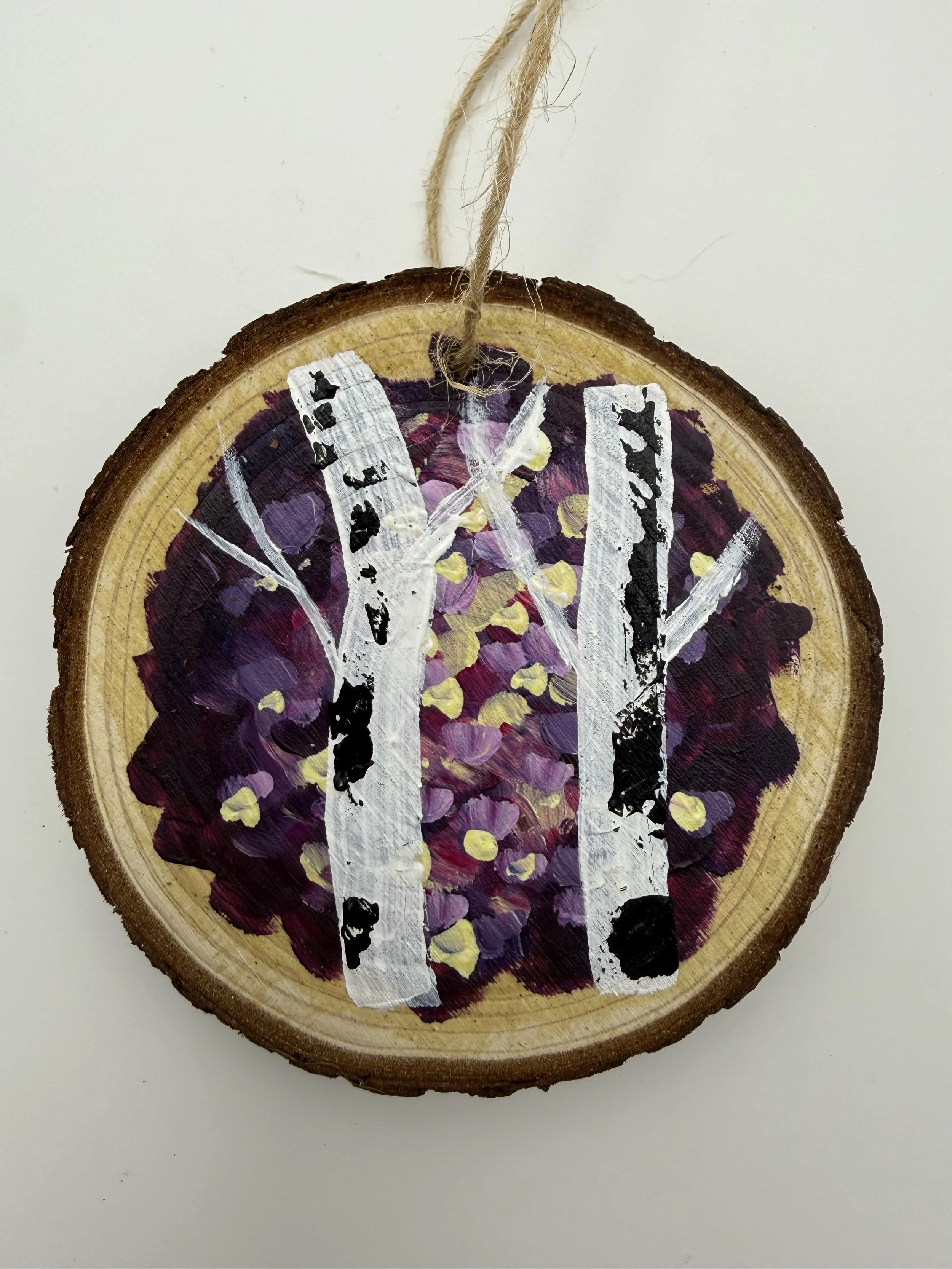 RED BIRCH TREES #2 / Hand-Painted Acrylic Wood Holiday Ornament / 3x3" / $12 / Available at Milton Artists' Guild in Milton, VT