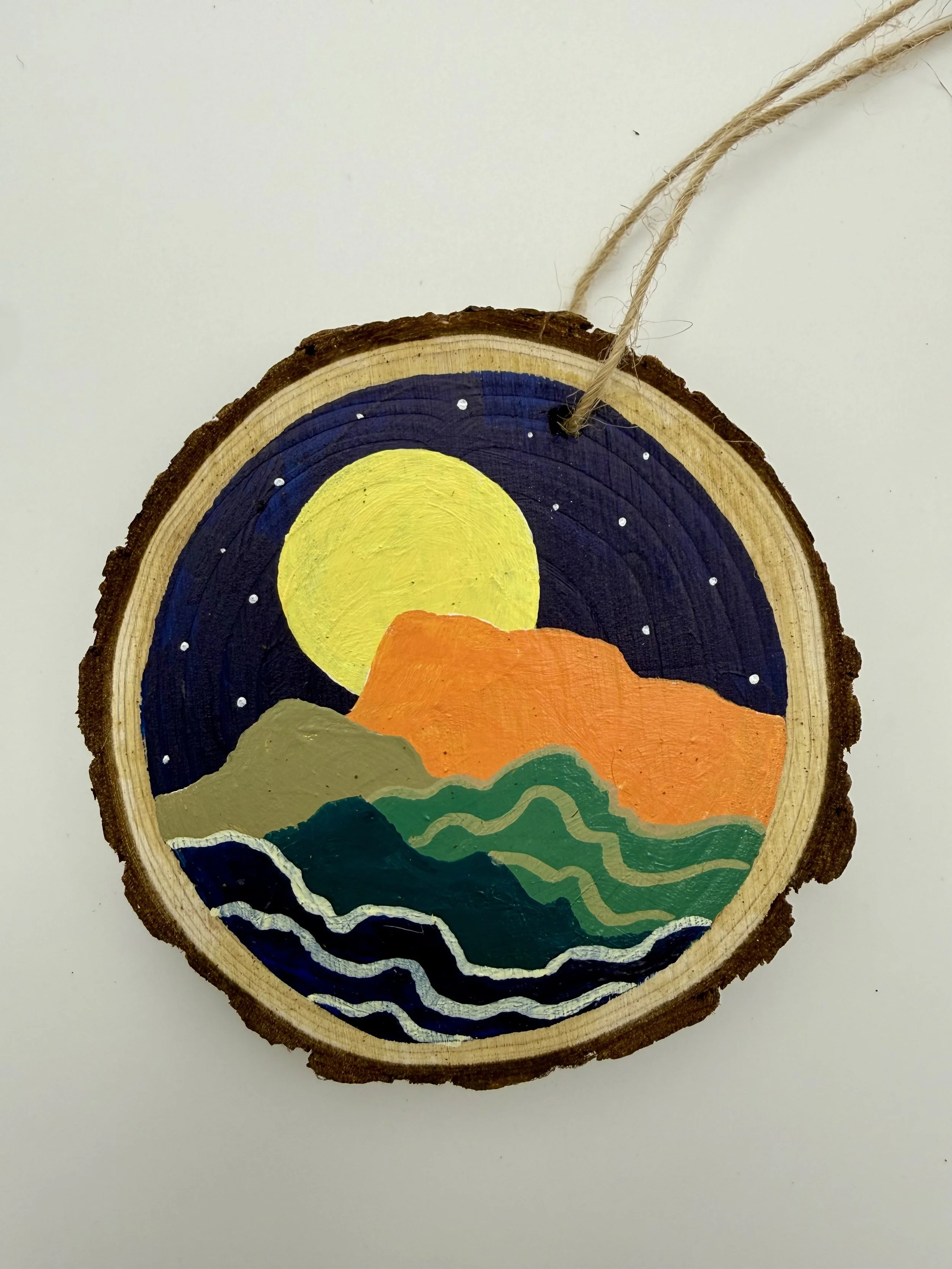 NIGHTTIME MOUNTAINS #1 / Hand-Painted Acrylic Wood Holiday Ornament / 3x3" / $12 / Available at Milton Artists' Guild in Milton, VT