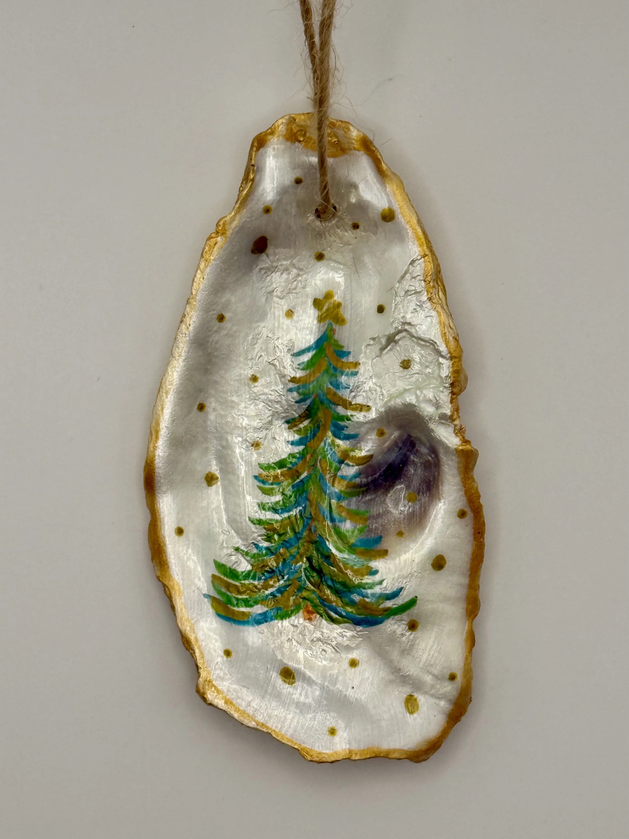 NATURAL CHRISTMAS TREE #1 / Hand-Painted Oyster Shell Ornament / $12 / Coming Soon to Milton Artists' Guild in Milton, VT