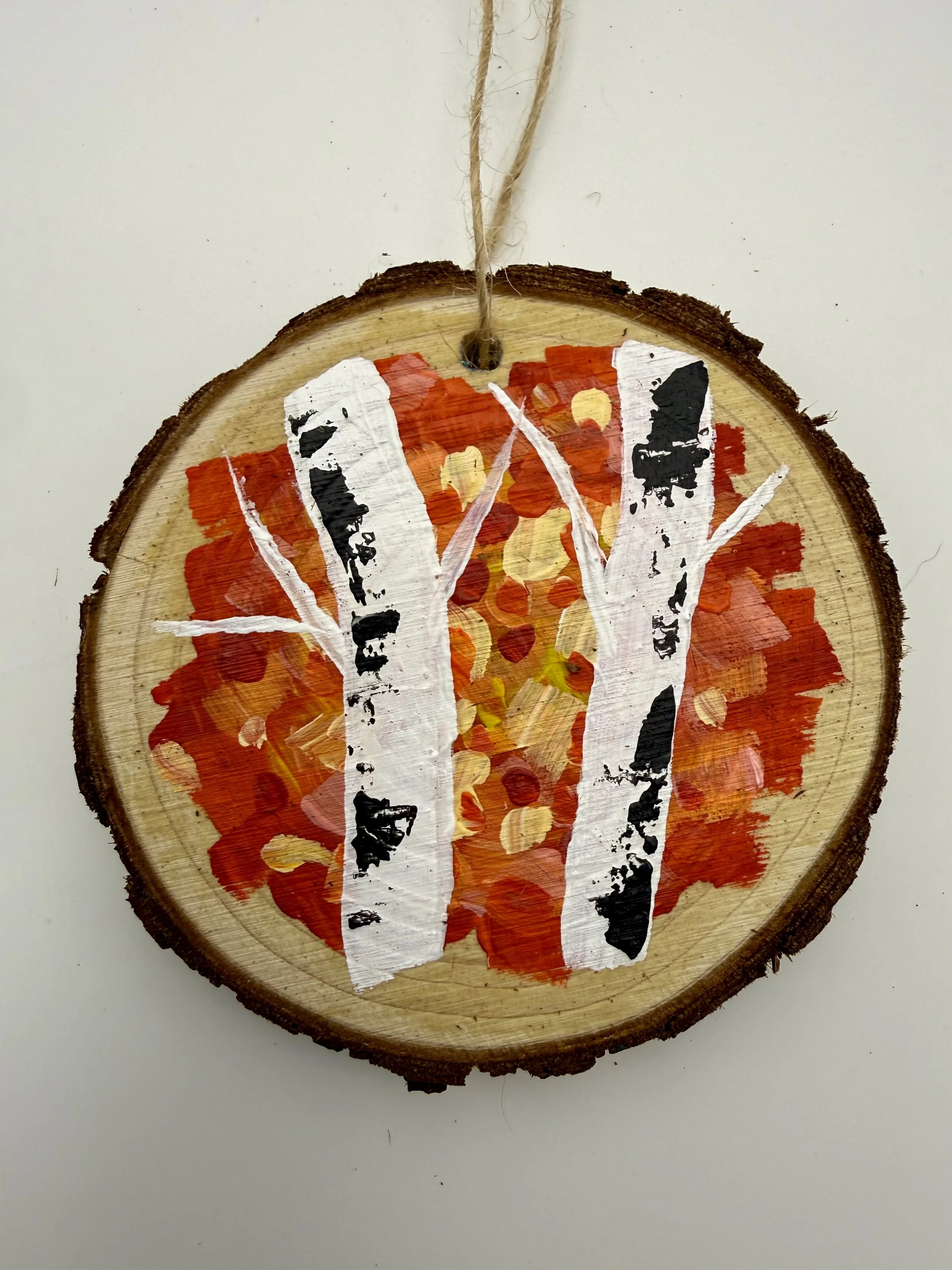 ORANGE BIRCH TREES #1 / Hand-Painted Acrylic Wood Holiday Ornament / 3x3" / $12 / Available at Milton Artists' Guild in Milton, VT