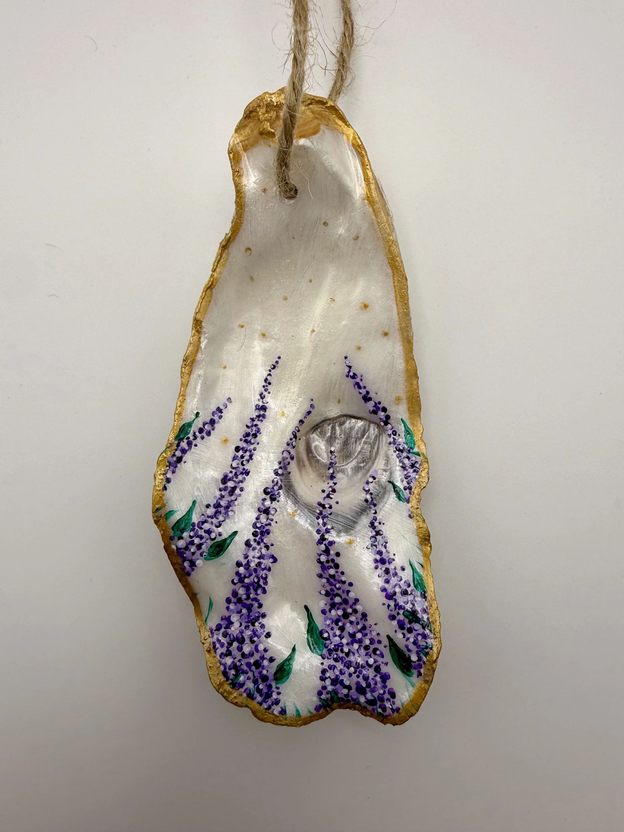 VIOLET LUPINES ON PEARL #1 / Hand-Painted Oyster Shell Ornament / $12 / Available at Milton Artists' Guild in Milton, VT