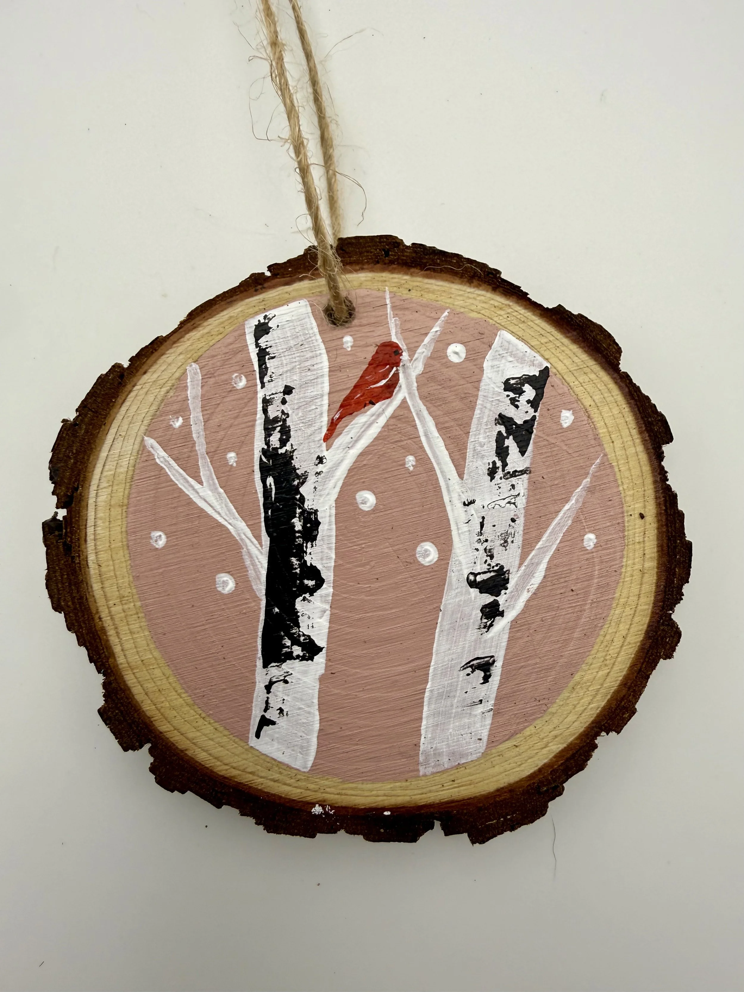BIRCH TREES & CARDINAL #1 / Hand-Painted Acrylic Wood Holiday Ornament / 3x3" / $12 / Available at Milton Artists' Guild in Milton, VT