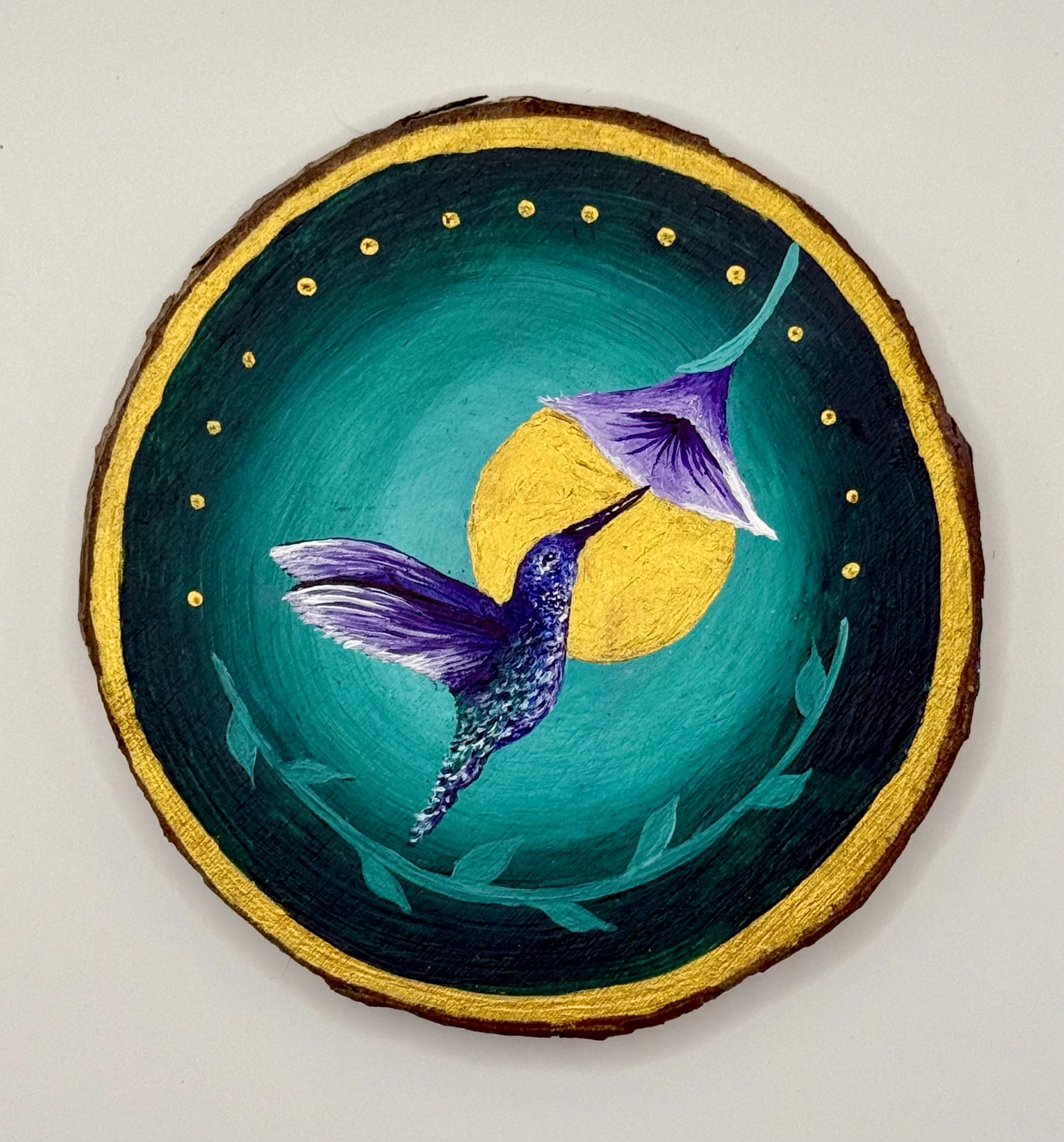 HUMMINGBIRD AND MORNING GLORY / Acrylic on Wood / 4x5" / $70 / Available at Milton Artists' Guild in Milton, VT
