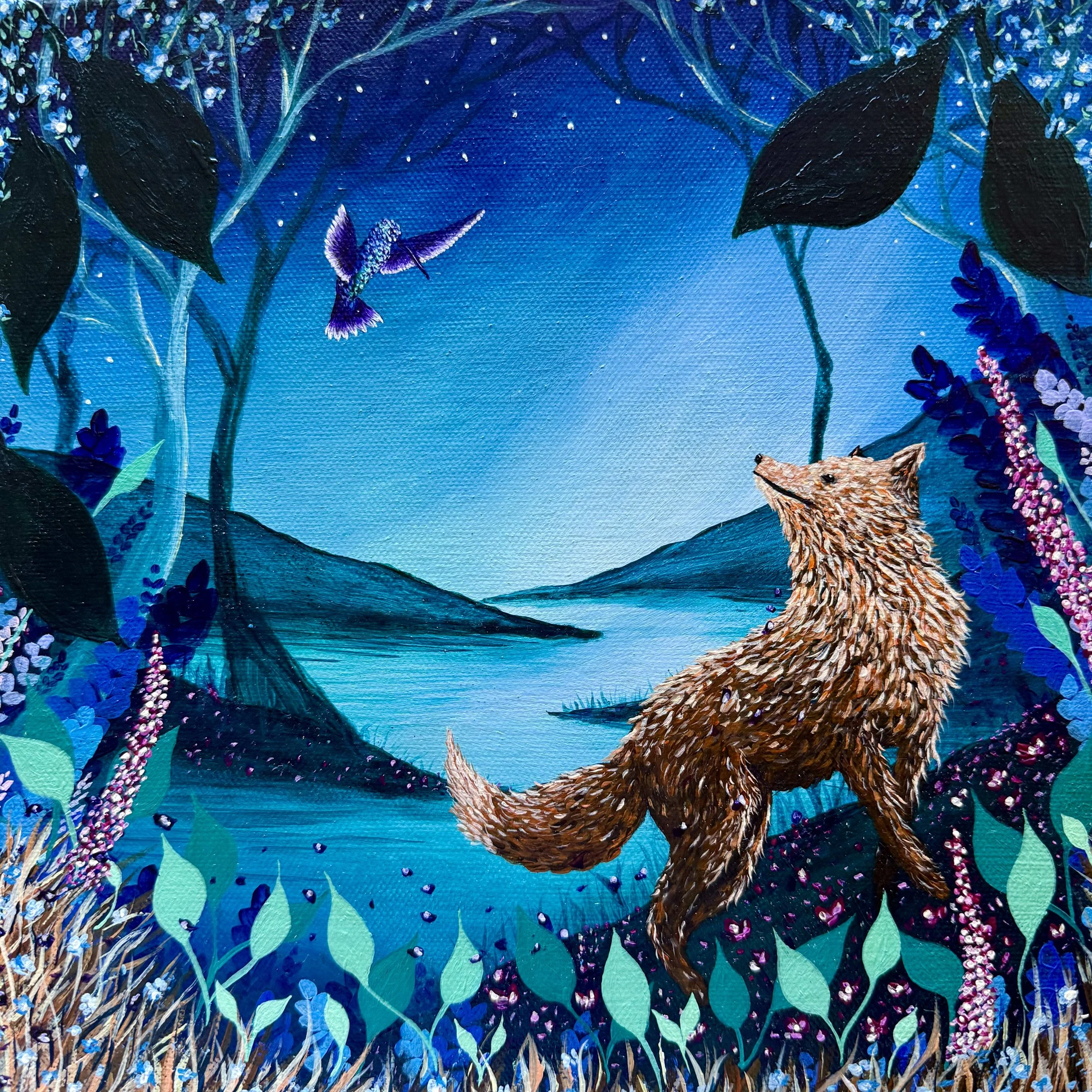 FOX AND HUMMINGBIRD FRIENDS / Acrylic on Canvas / 10x10"