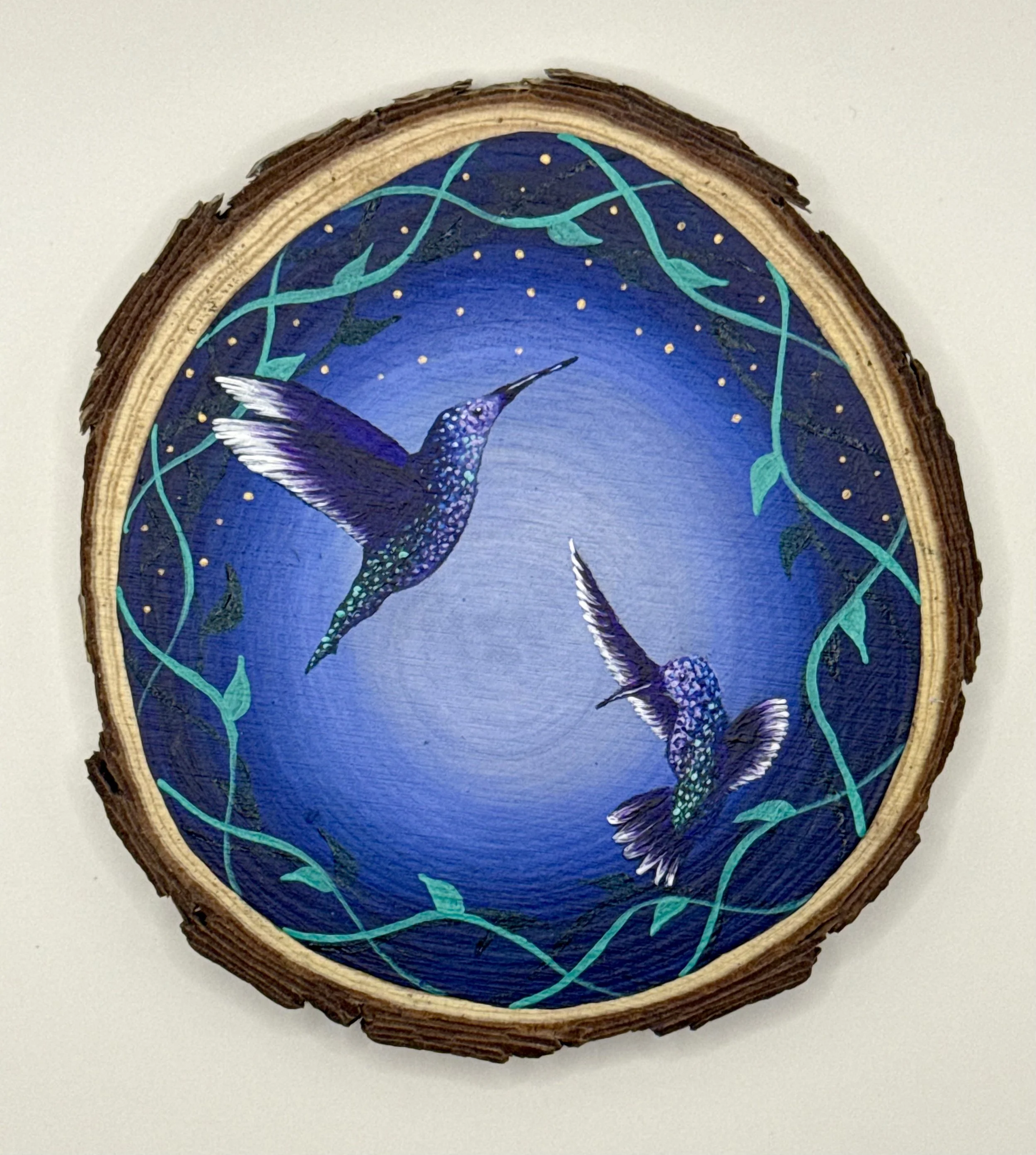 TWILIGHT HUMMINGBIRDS / Acrylic on Wood / 4x4" / $70 / Available at Milton Artists' Guild in Milton, VT