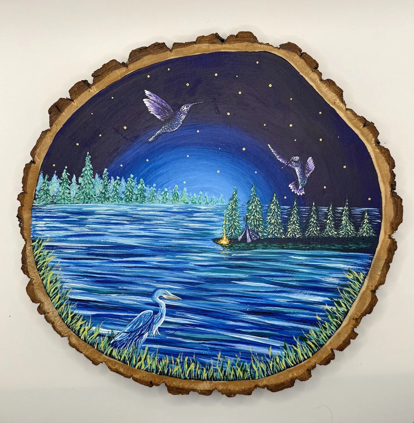 Landscape on Wood-Nighttime on the Lake (Purple-Chested Hummingbirds and Great Blue Heron).jpg