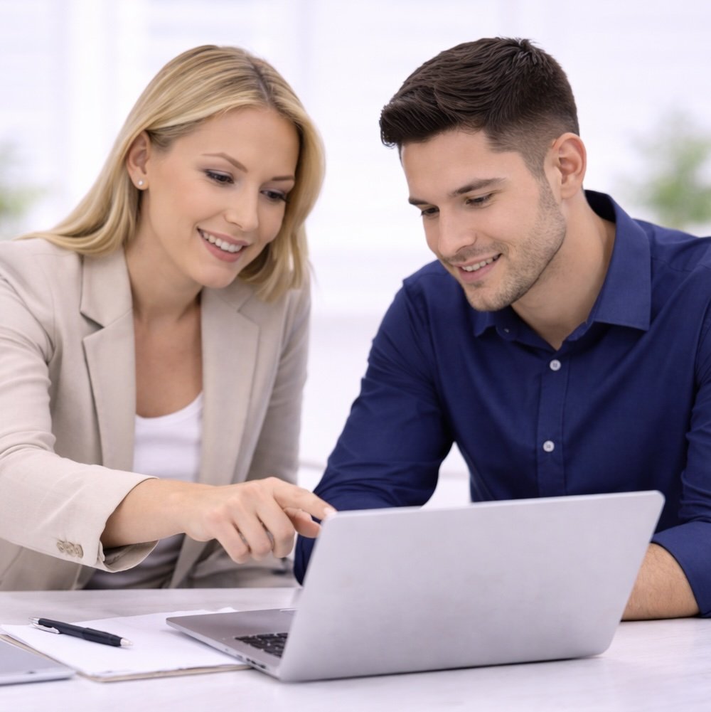 Two sales professionals, woman who is a sales manager and a man who is a sales person sitting at a table looking at a laptop and smiling.