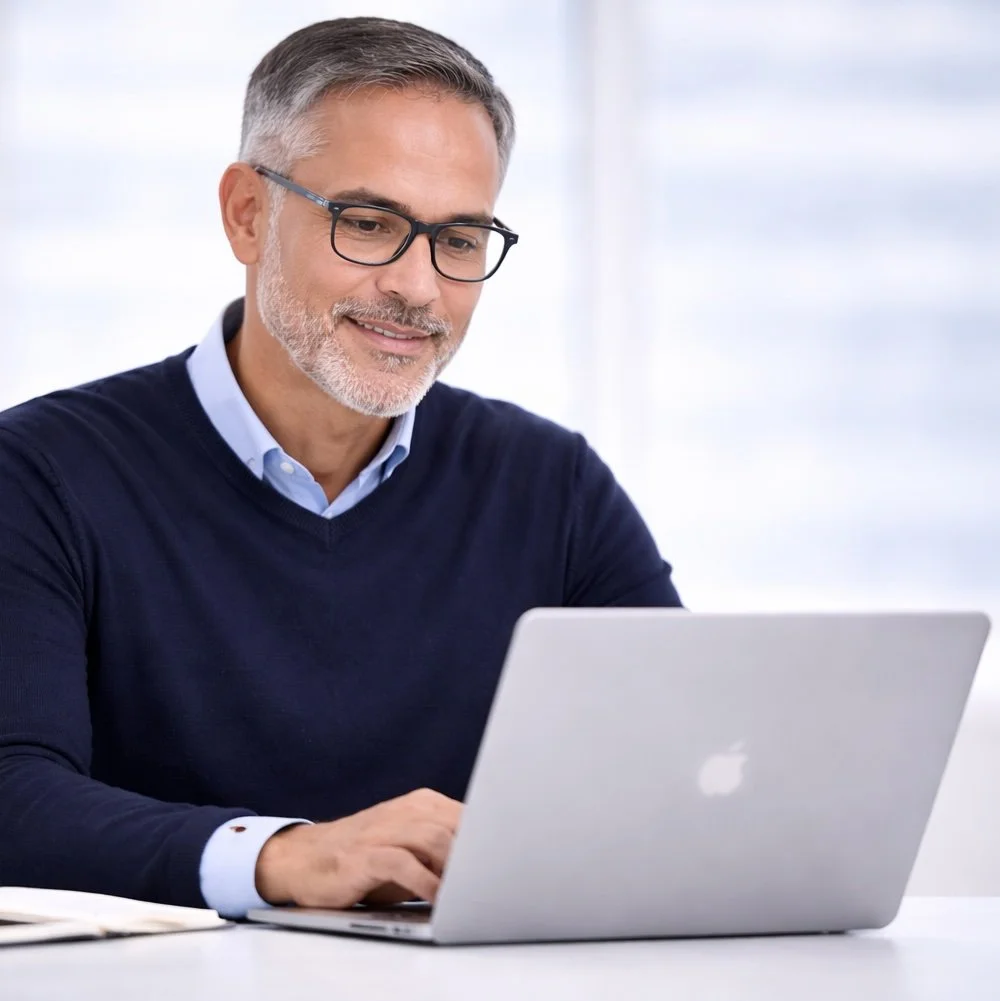 A senior-level executive, middle-aged man with gray hair, glasses, and a beard, working on a silver MacBook laptop in a bright office space.