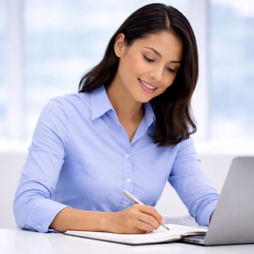 An account manager, woman in a light blue shirt writing in a notebook with a laptop nearby, smiling while working at her desk.
