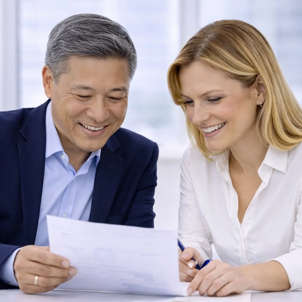 A man who is a sales consultant and woman who is a sales executive sitting at a table, smiling and looking at a document together in a bright, office setting.