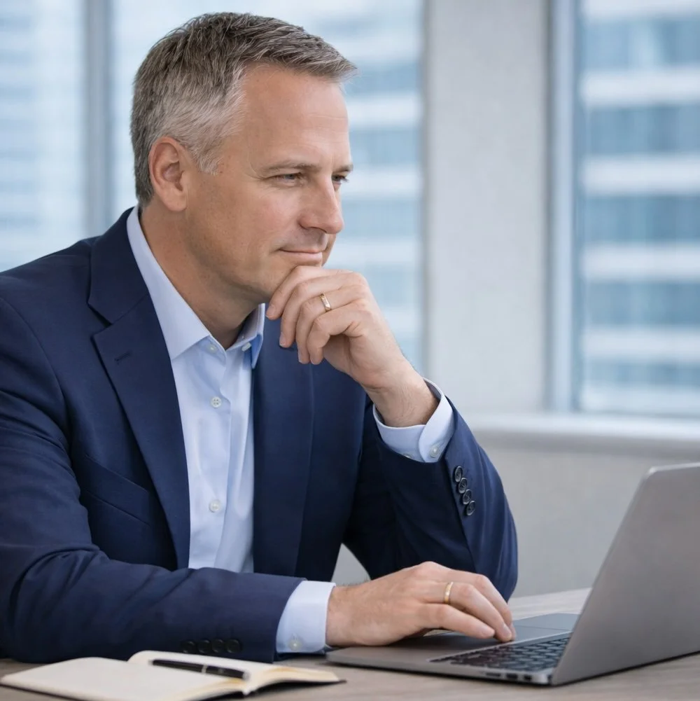 Tony Ennis in a navy suit and white shirt sitting at a desk with a laptop, looking thoughtful in an office with large windows while considering a client situation.