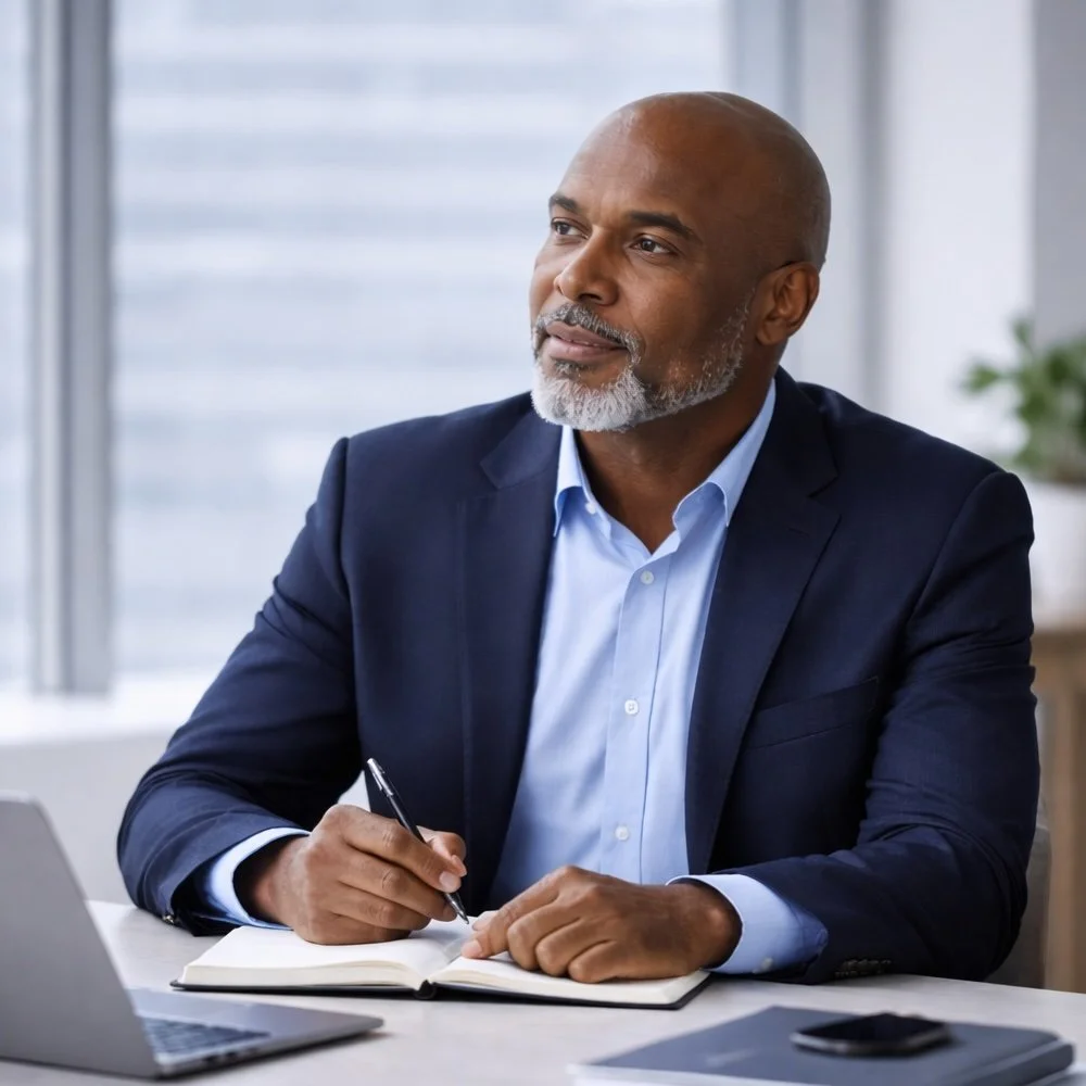 A middle-aged man who is a strategic sales consultant with a bald head and gray beard, dressed in a navy suit and light blue shirt, sitting at a desk in an office. He is writing in a notebook with a pen, with a laptop and smartphone on the desk.