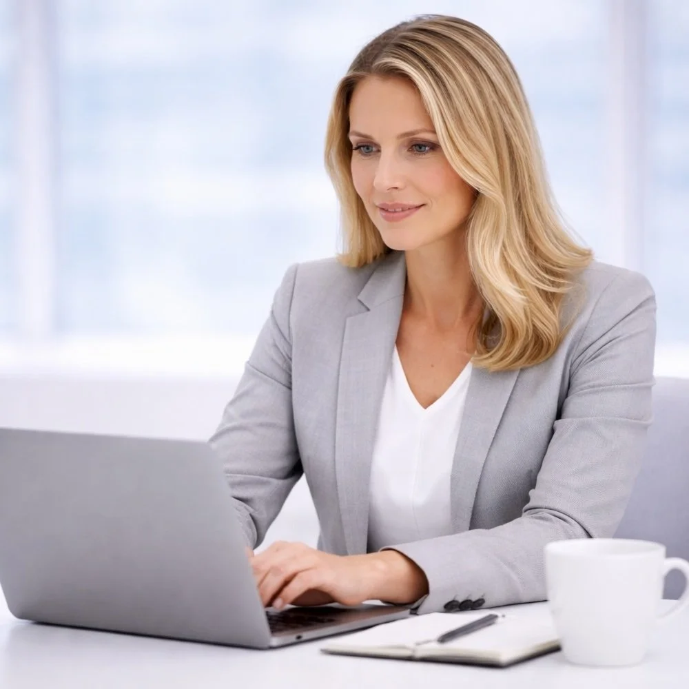 A sales professional, woman with blonde hair working on a laptop in a modern office.