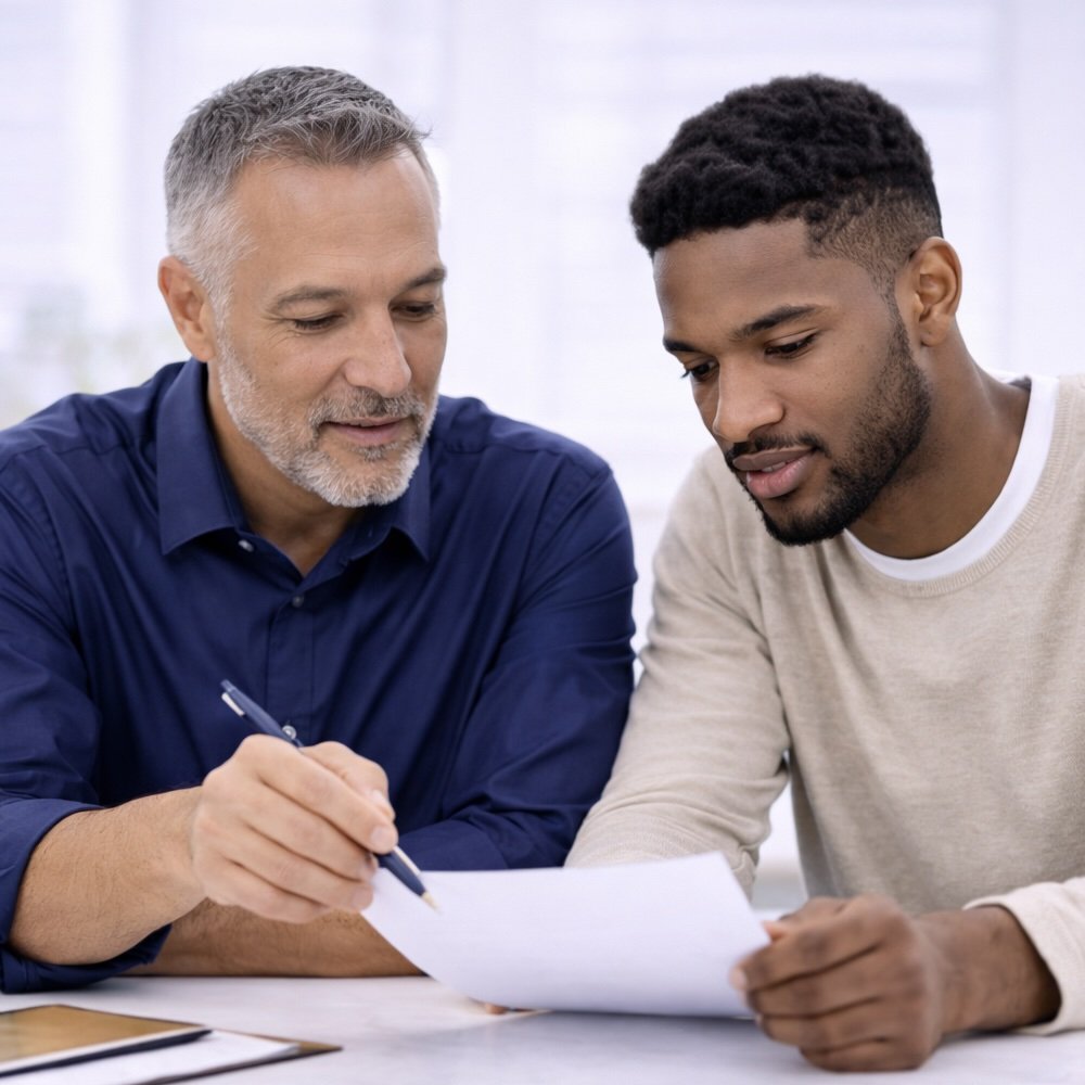 A sales director and a territory account manager looking at papers together, engaged in a discussion in a bright room.