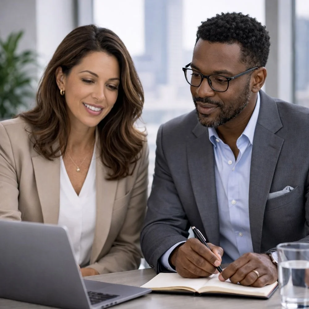 A woman and a man in business attire sitting at a desk with a laptop, discussing and taking notes in a notebook in a modern office.  The woman is a strategic account manager and the man is her client.