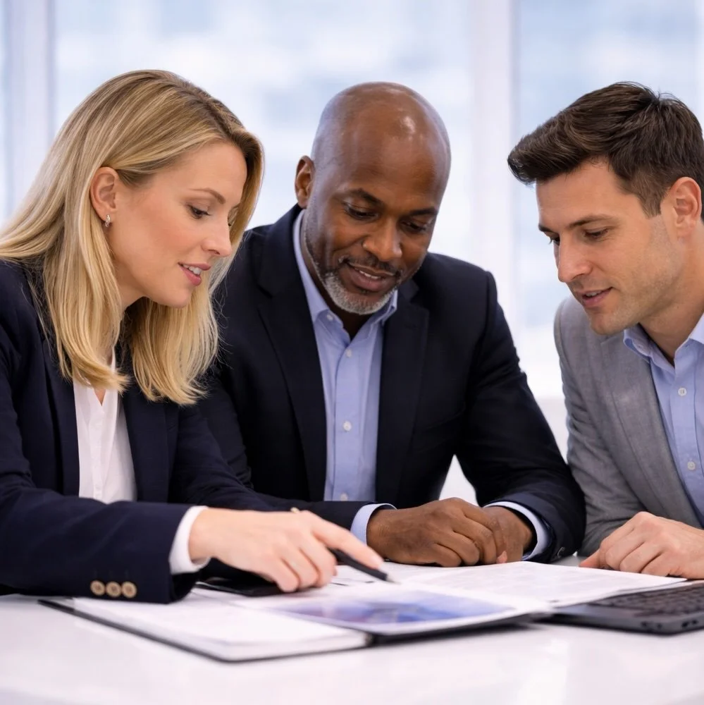 A senior sales consultant and two clients, looking at documents on a table during a discussion in an office.
