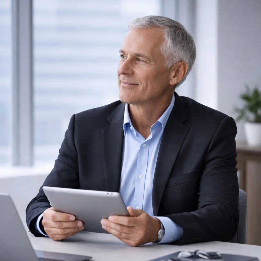 A middle-aged man who is a senior-level sales executive with gray hair, wearing a dark suit and light blue shirt, sitting at a desk in an office, holding a tablet, and looking thoughtfully to the side.