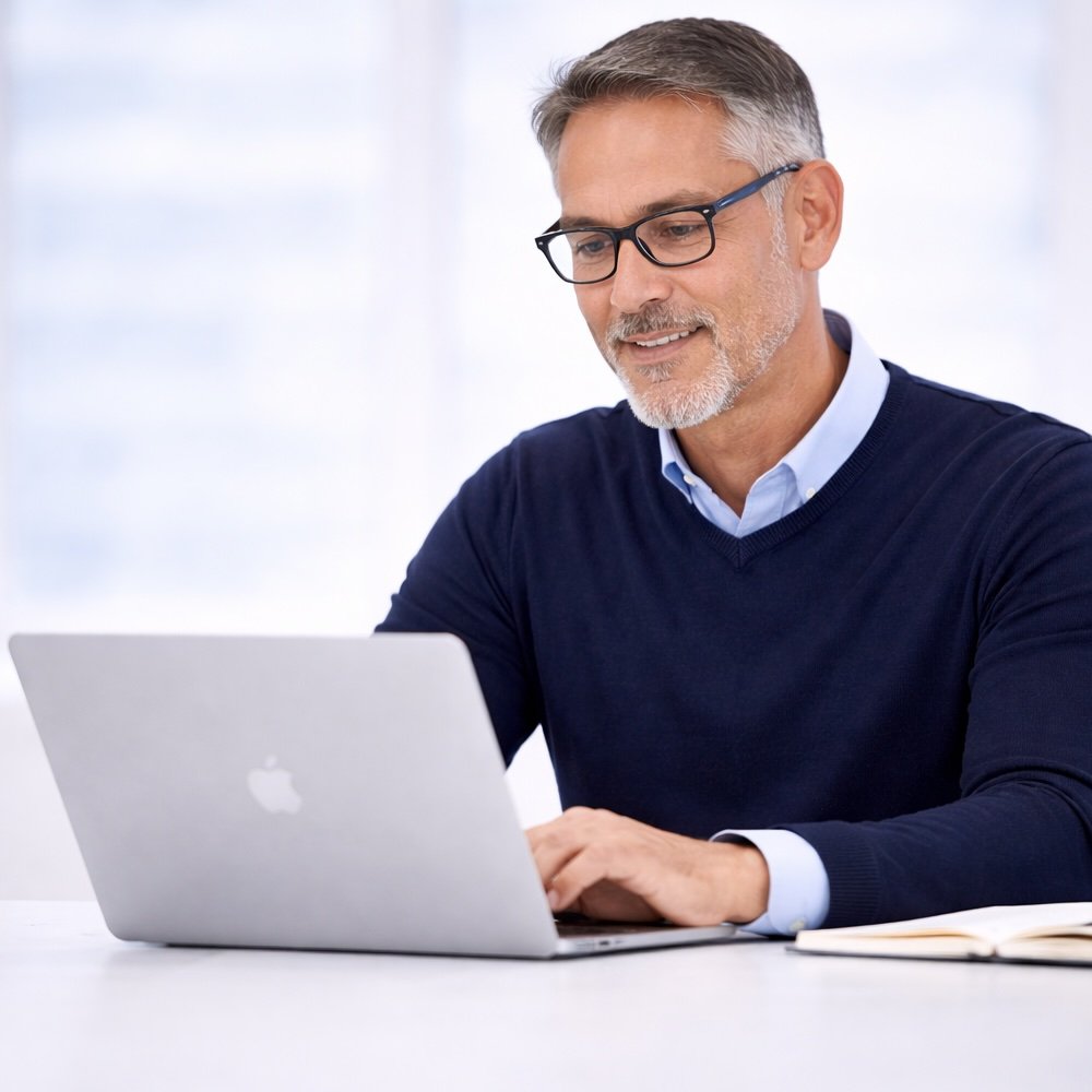 A male sales manager with gray hair and beard, wearing glasses and a navy sweater over a collared shirt, working on a silver laptop at a white desk with a notebook.