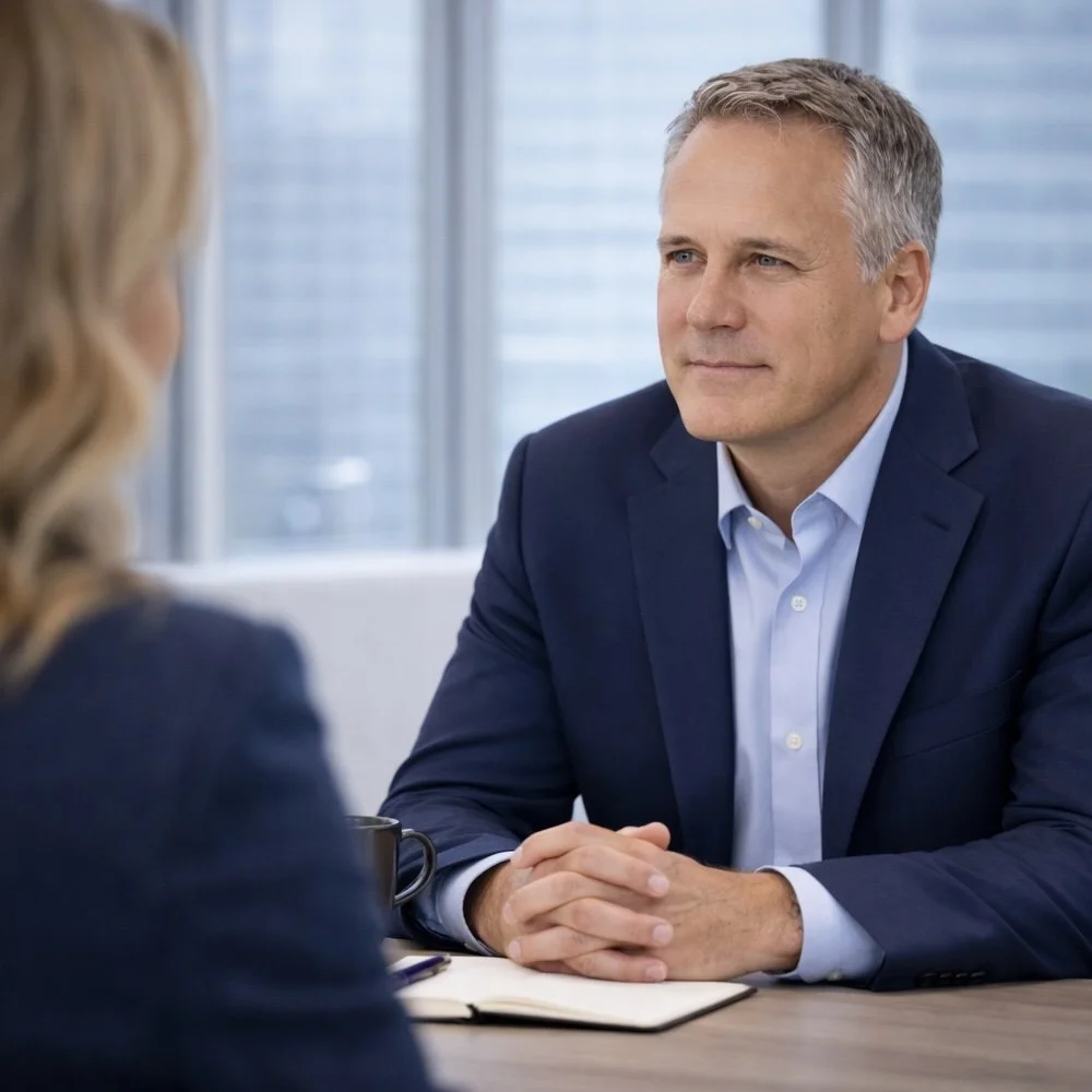 Tony Ennis in a blue suit listening to a female senior-executive in a meeting room.