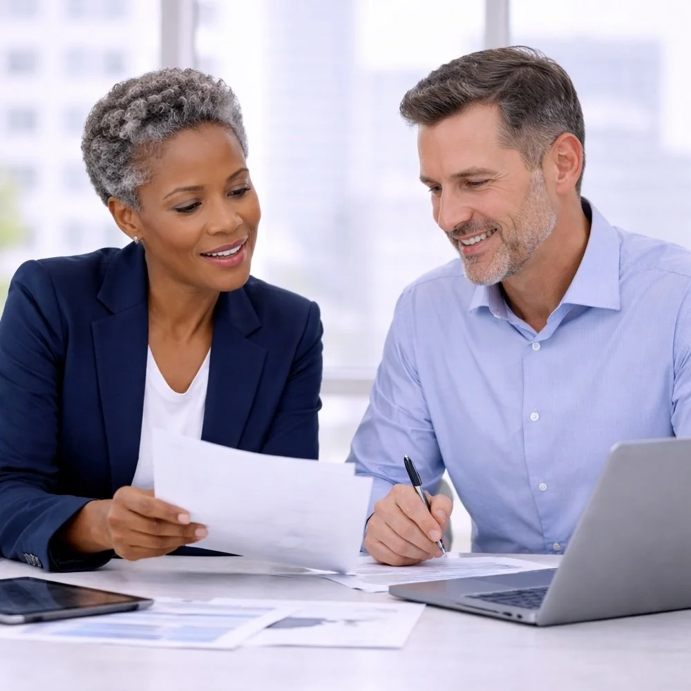 Two sales consultants, a woman with gray hair and a man with brown hair, work together at a desk, reviewing documents and smiling. There is a laptop and papers on the table.