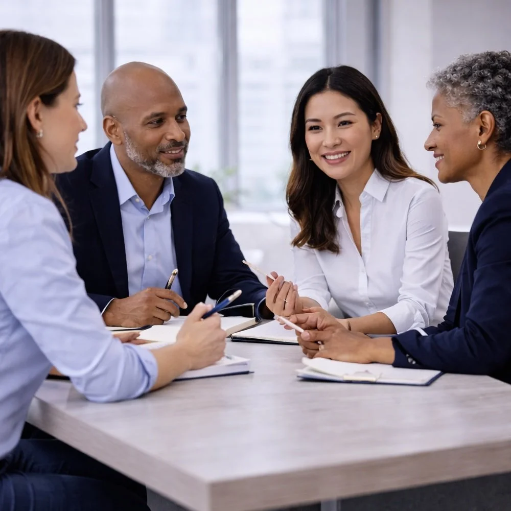 A diverse group of five professional sales people sitting around a conference table, engaged in a meeting and smiling.