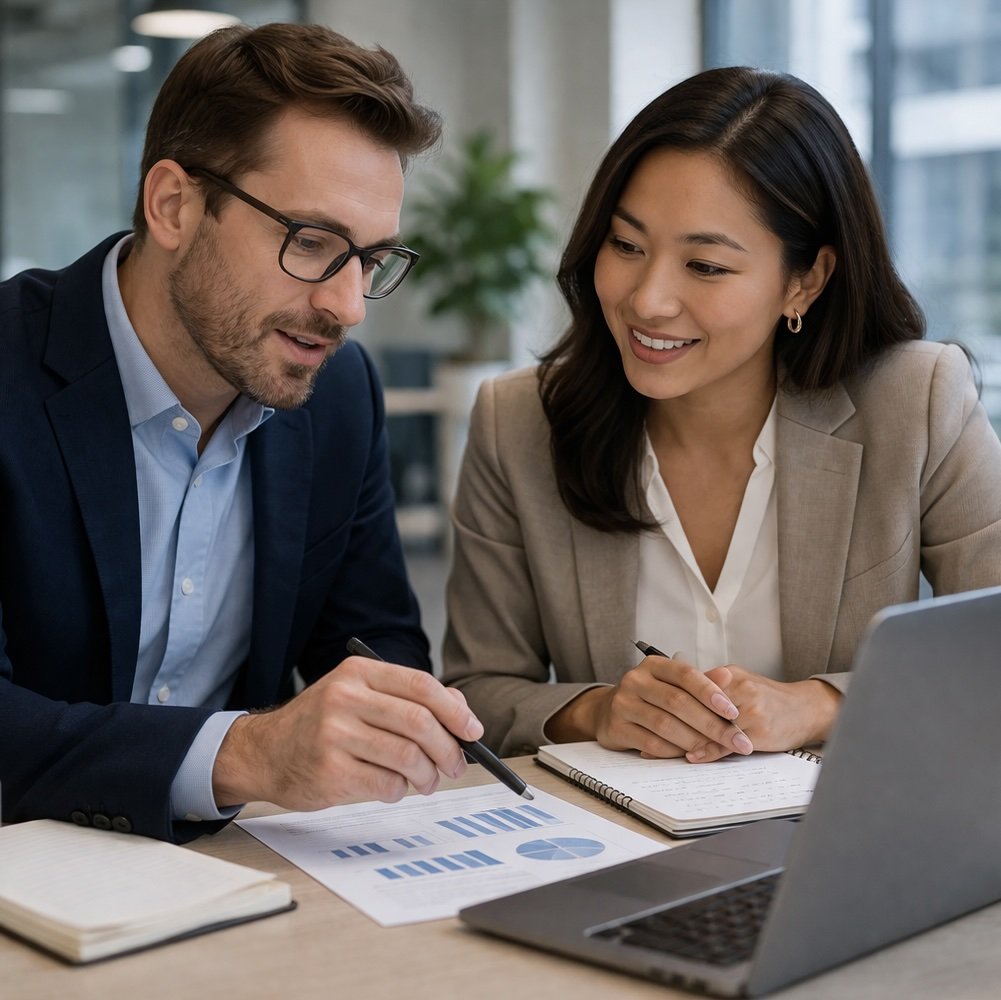 Two business professionals, a man with glasses and a woman, working together at a desk with documents, a notebook, and a laptop in a modern office.  The man is a strategic account executive and the woman is his client.