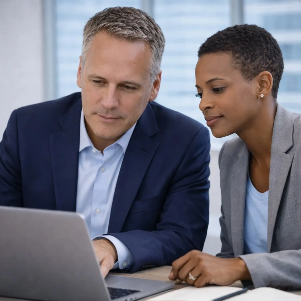 Tony Ennis is collaborating with a woman on a strategic sales situation while looking at a laptop in an office setting.
